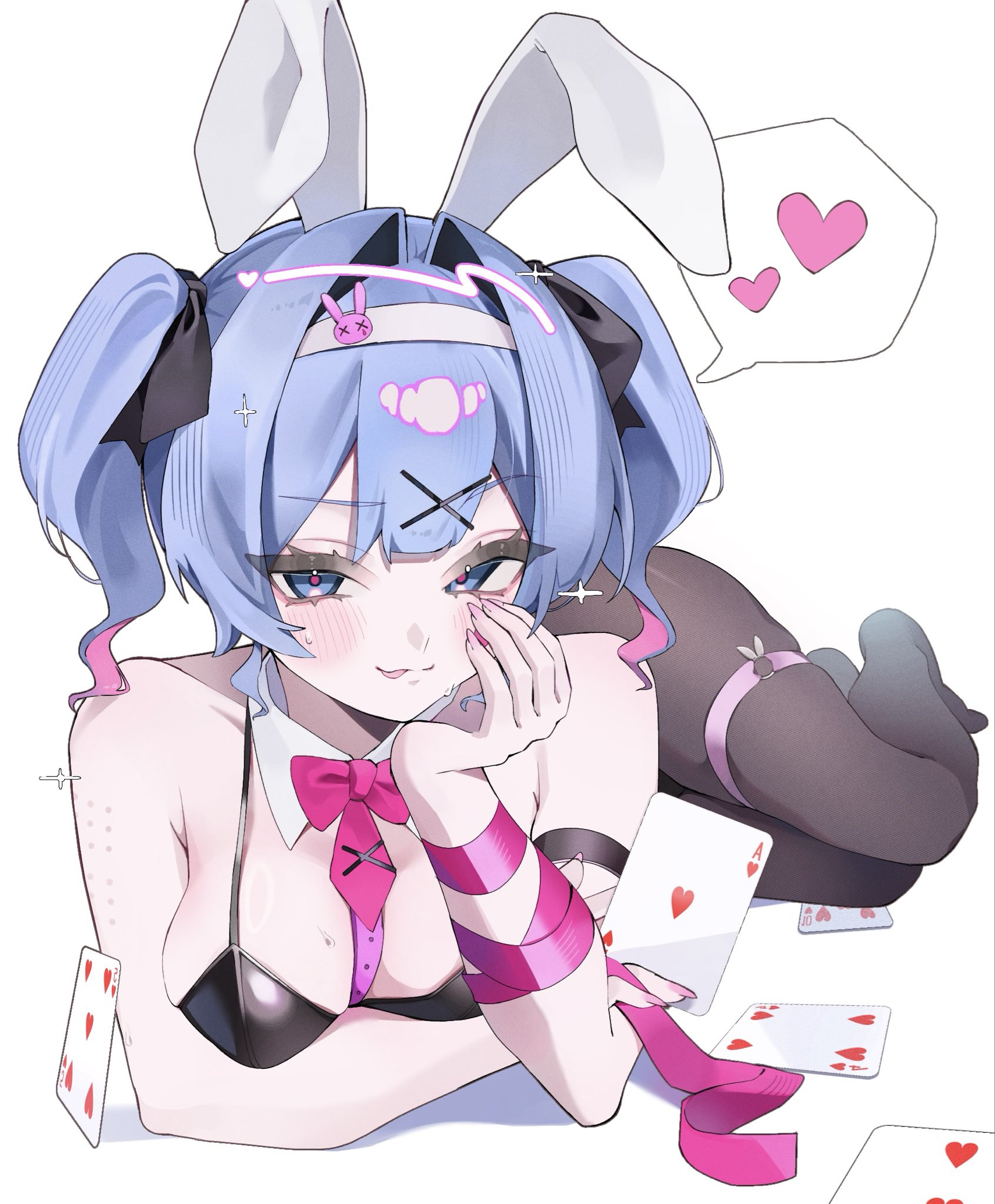 1girl, 1girls, blue hair, blushing, blushing at viewer, bunny ears, bunny girl, bunnysuit, card, cards, female, female only, hatsune miku, heart, heart symbol, legwear, looking at viewer, panties, pantyhose, pink hair, rabbit ears, rabbit girl, rabbit hole (vocaloid), rabbit tail, ribbon, ribbon bondage, text bubble, tongue out