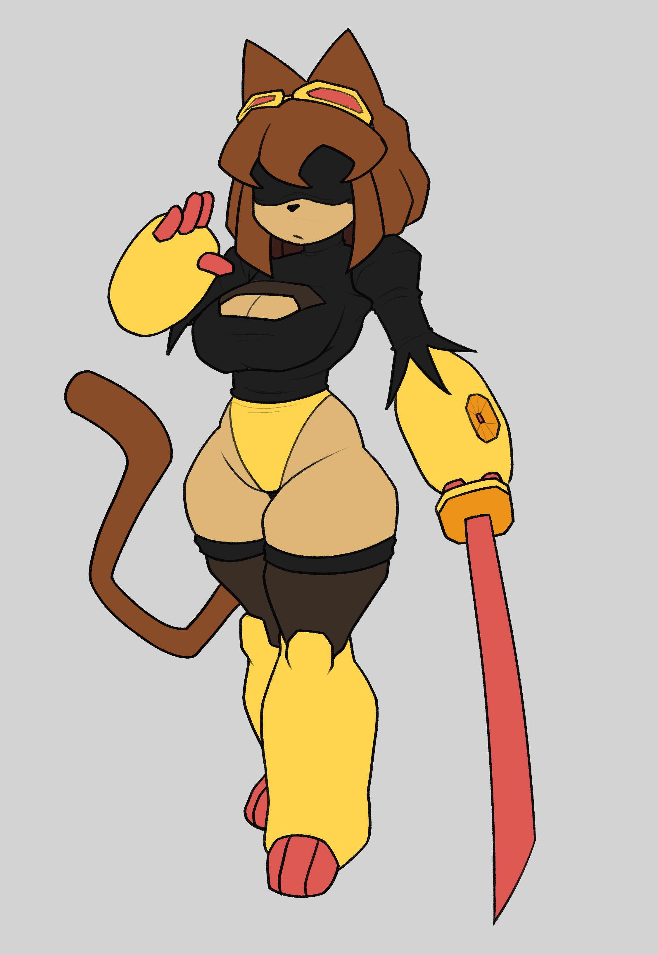 1girls, animal ears, anthro, black nose, blindfold, breasts, brown hair, cat ears, cat tail, cleavage, cleavage cutout, felid, feline, female, furry, gameoverse, glitch productions, grey background, katana, kit (gameoverse), leotard, nier: automata, oofts, short hair, solo, tagme, tail, thighs, yorha 2b (cosplay)