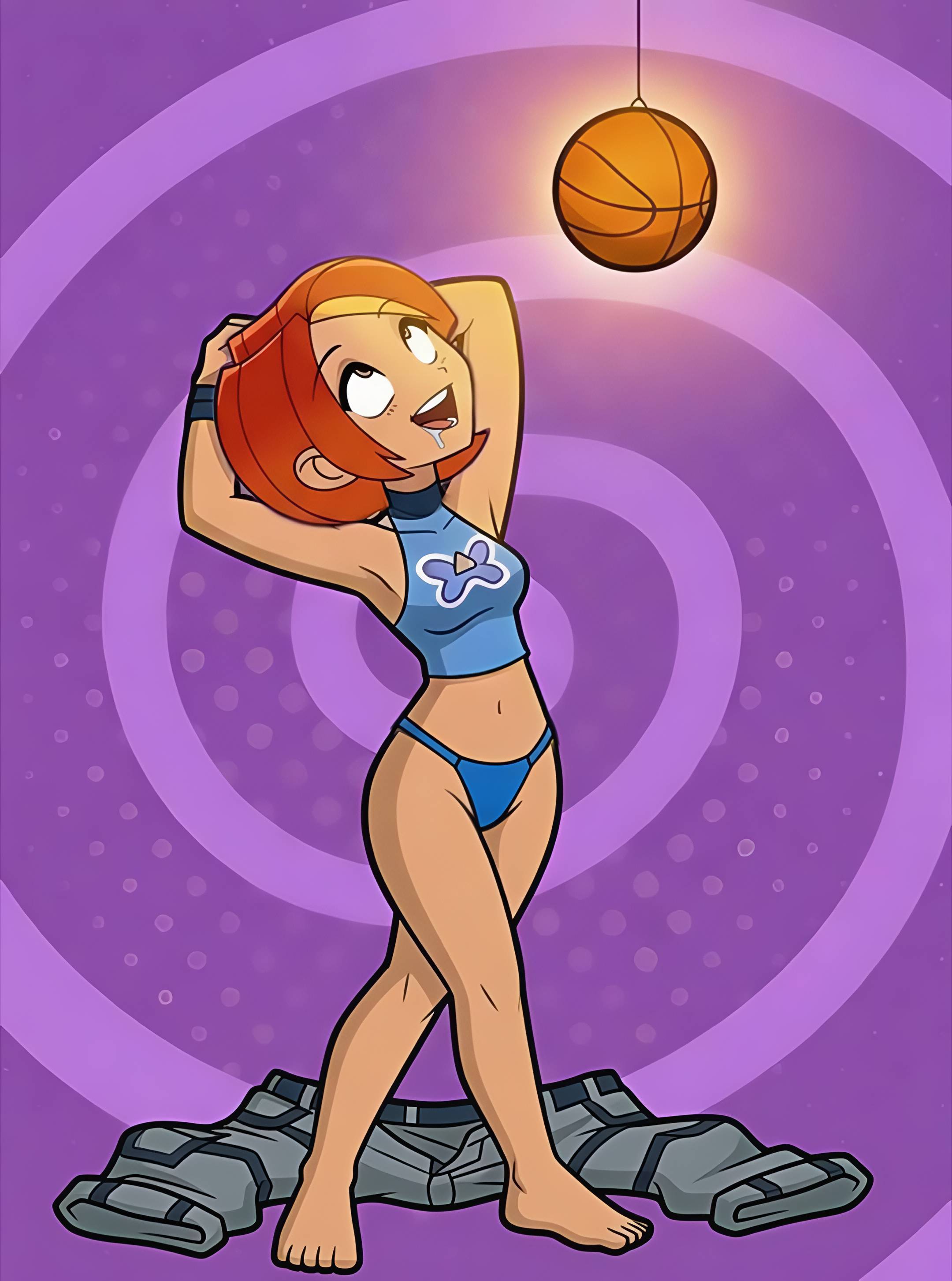 ai generated, baggy pants, basketball, butterfly (planetronika), discarded clothing, drool, drooling, entranced, female only, femsub, happy trance, hypnosis, hypnotized, hypnotized female, midriff, multicolored hair, orange hair, panties, pendulum, planetronika, pose, purple background, shirt, smile, smiling, spiral background, thong, trance