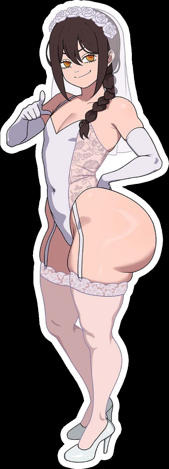 aged up, ass, black hair, braided ponytail, bride, chainsaw man, fat ass, freshnsfw, giant ass, looking at viewer, nayuta (chainsaw man), solo, wedding dress