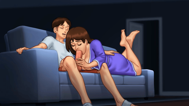 1boy 1boy1girl 1girls 2d_(artwork) animated animated_gif balls blowjob brown_hair closed_eyes clothed clothing couch darkcookie debbie_(summertime_saga) digital_drawing_(artwork) digital_media_(artwork) erect_penis erection fellatio gif laying_down laying_on_stomach light-skinned_female light_skin looking_at_partner looking_pleasured loop looping_animation main_character_(summertime_saga) milf on_couch on_stomach oral oral_sex penis penis_out pleasure_face robe smile smiling sucking sucking_penis summertime_saga thick_thighs