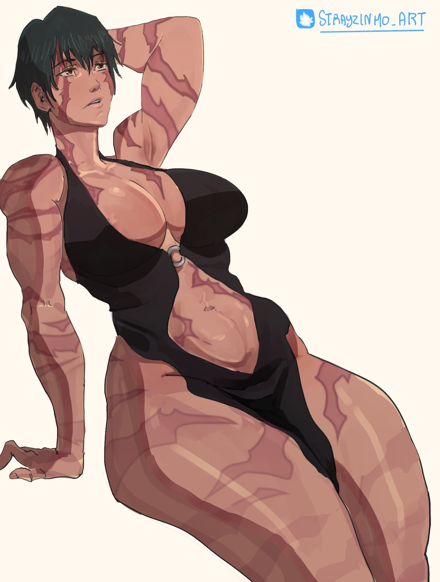 armpit, armpit crease, arms up, big breasts, black hair, boobs, breasts, burn scar, cleavage, green hair, jujutsu kaisen, large breasts, midriff, one-piece swimsuit, scar, solo, solo female, solo focus, strayzinhoart, swimsuit, swimwear, thick thighs, thighs, wide hips, wide thighs, yellow eyes, zenin maki