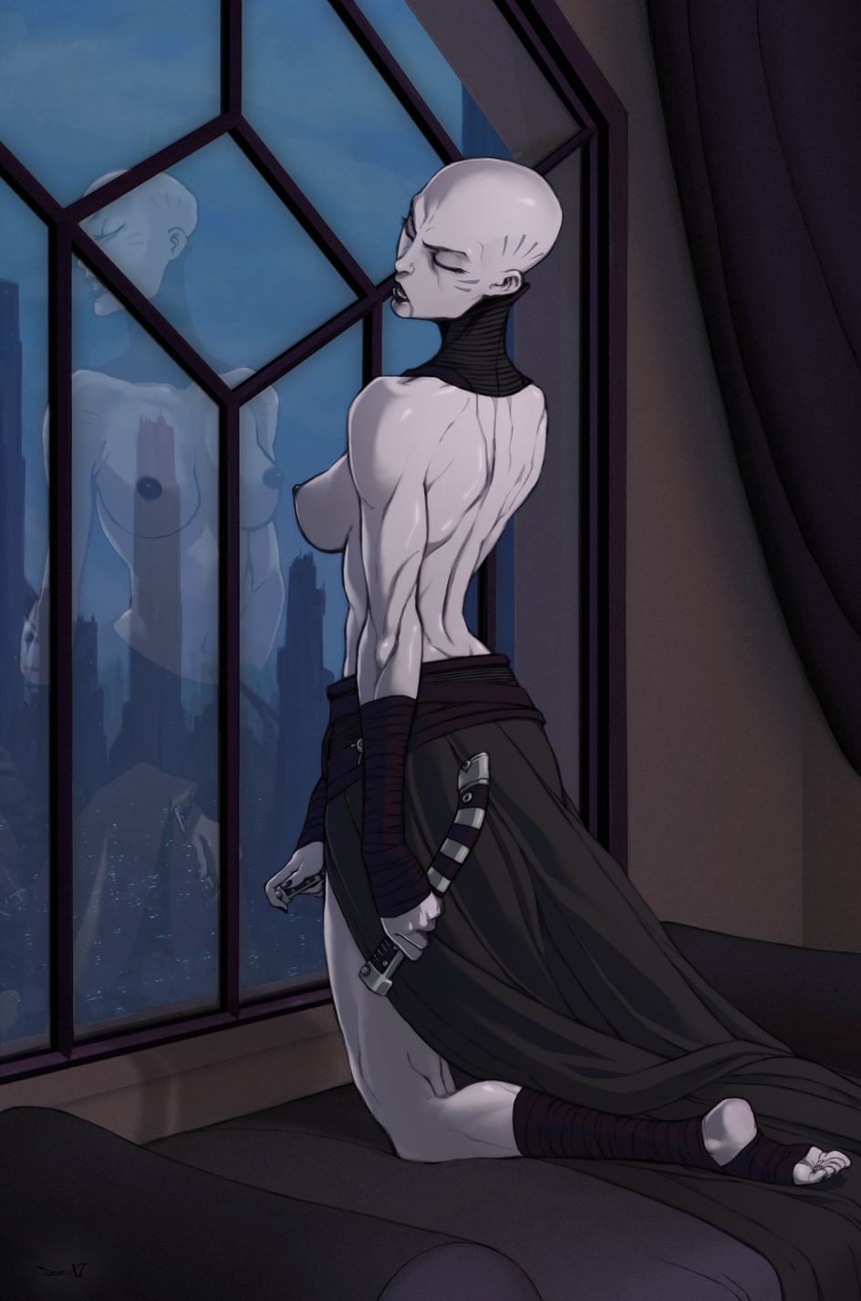 asajj_ventress breasts cityscape clone_wars closed_eyes clothed dathomiri detailed_background evilash feet indoors kneeling looking_back mirror partially_clothed pillow reflection star_wars tagme topless topless_female window