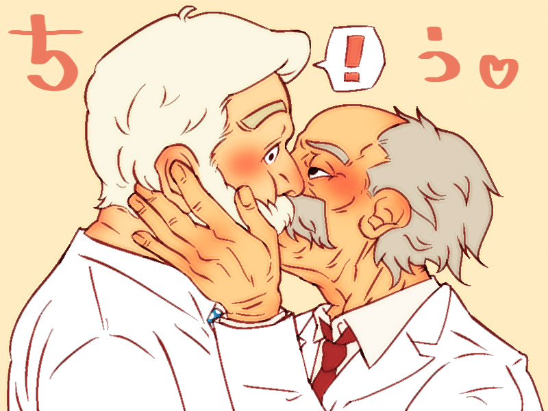 ! 2boys beard capcom collared_shirt dobnezumi dr._thomas_light dr._wily dr_light gay gray_hair half-closed_eye hand_on_cheek heart kissing labcoat male mega_man mega_man(classic) moustache multiple_males necktie old_man sideburns surprised tagme white_hair yaoi