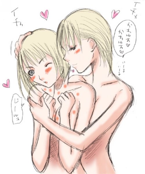 2girls blonde_hair blush clare_(claymore) claymore drawn jean_(claymore) multiple_girls nude tagme translation_request yuri