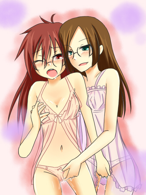 beige_skin blush bra breast_grab breasts brown_hair clothes color eyewear female female_only fingering front_view glasses hair human klug lesbian moaning_in_pleasure multiple_females multiple_girls navel open_eyes puyo_puyo puyo_puyo_fever questionable_consent red_eyes round_ears rule_63 standing strange_klug teal_eyes wink yuri