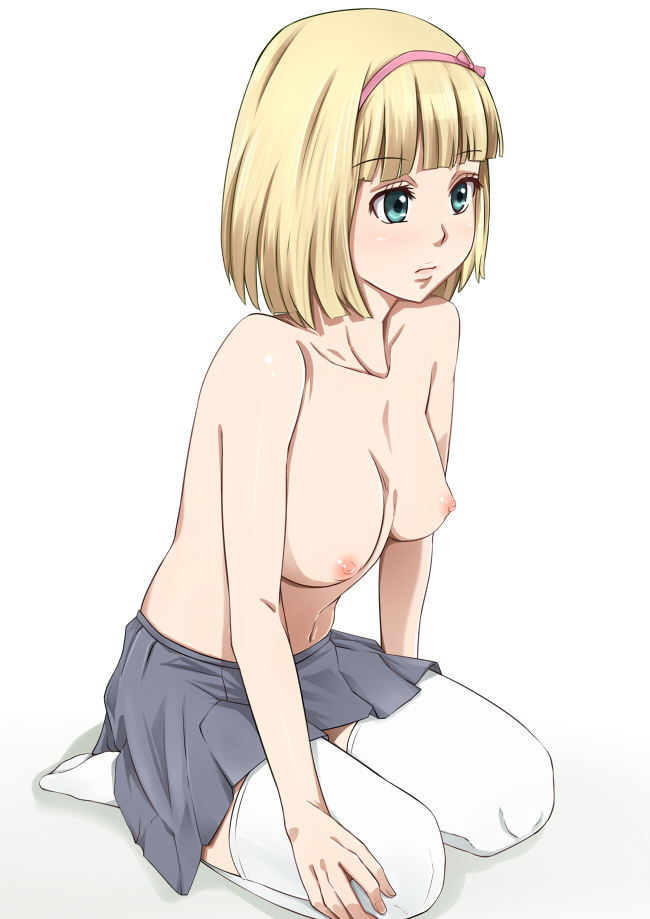 1girls ao_no_exorcist blonde_hair blue_eyes blush breasts female female_only kneeling moriyama_shiemi nipples pointy_chin solo thighhighs topless white_thighhighs