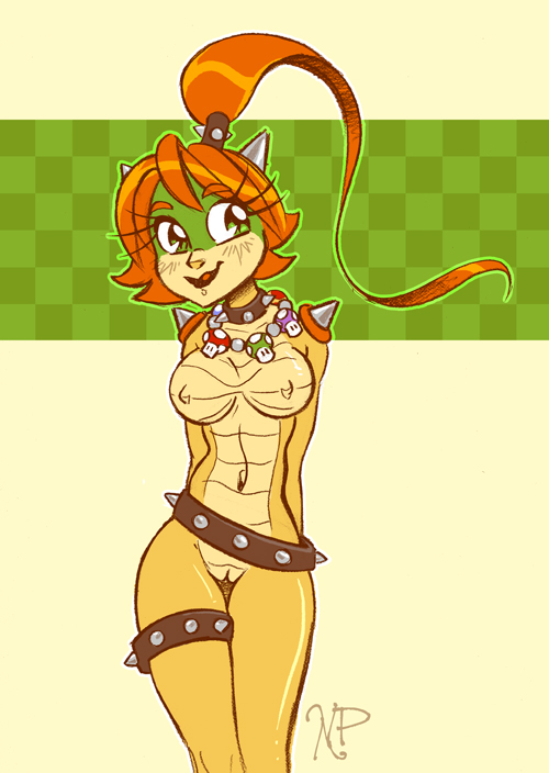 bowser breasts erect_nipples female female_bowser horns mario_(series) monster_girl navel nintendo nipples np red_hair rule_63 shoulder_spikes spiked_belt spiked_collar spiked_garter spiked_shell