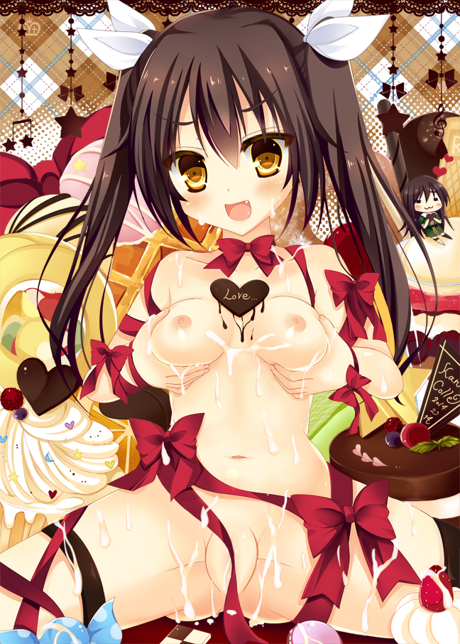 bitter_crown bow breast_hold brown_eyes brown_hair cake censored chikuma_(kantai_collection) chocolate chocolate_heart convenient_censoring cream cum cum_on_body food hair_ribbon heart kantai_collection long_hair navel nipples open_mouth personification ribbon smile star tied_hair tone_(kantai_collection) twintails