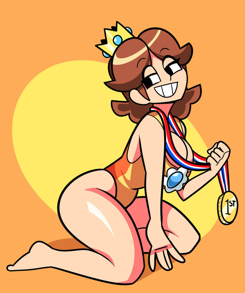 1girls, award, cleavage, female, female only, grin, mario (series), mario and sonic at the olympic games, medal, nintendo, princess daisy, smug, smug face, solo, solo female, superspoe, thick thighs