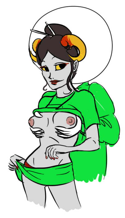 1boy 1girls black_hair breasts clothing doc_scratch grey_skin hands_on_breasts homestuck horns ms_paint_adventures needles nipples no_face panties red_lips red_nails red_nipples shirt_lift short_hair skirt straight the_handmaid troll white_background white_skin yellow_eyes