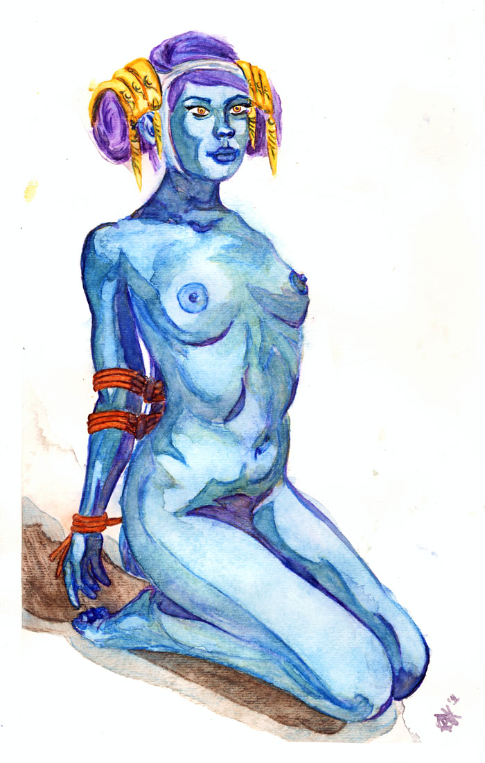 1girls 2d alien alien_girl alien_humanoid arms_behind_back barefoot big_lips blue-skinned_female blue_body blue_skin bondage bound_wrists breasts clone_wars completely_nude eyelashes feet female female_only femsub forced gold_(metal) hair_ornament headgear headgear_only humanoid kneeling lips medium_breasts nipples nude nude_female nudity open_eyes pantoran purple_hair riyo_chuchi rope rope_bondage side_view simple_background solo star_wars submissive sw-ave white_background yellow_eyes