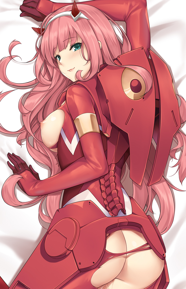aqua eyes, ass, bodysuit, breasts, dakimakura, darling in the franxx, eyebrows visible through hair, female, hairband, large breasts, long hair, looking at viewer, looking back, lying, nipples, on stomach, pink hair, smile, solo, tony guisado, torn bodysuit, torn clothes, very long hair, zero two (darling in the franxx)