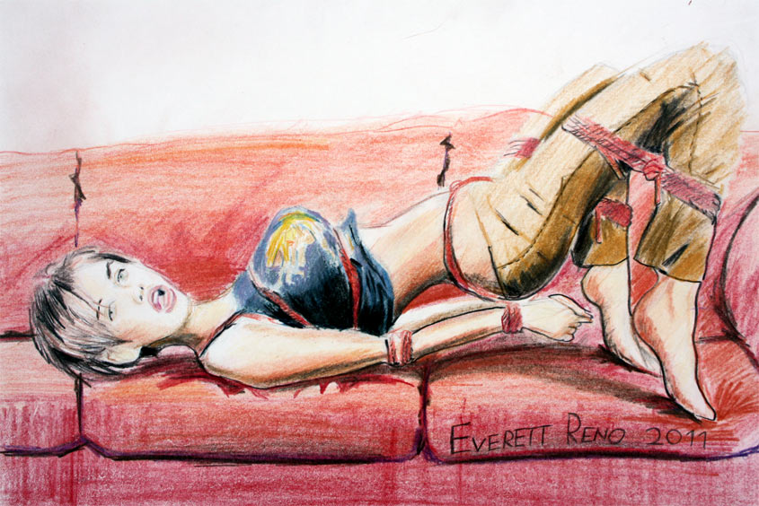 arched_back artist_request australian bare_midriff bound couch everett_reno feet natalie_imbruglia open_mouth raised_hips red_rope rope shibari short_hair singer sofa