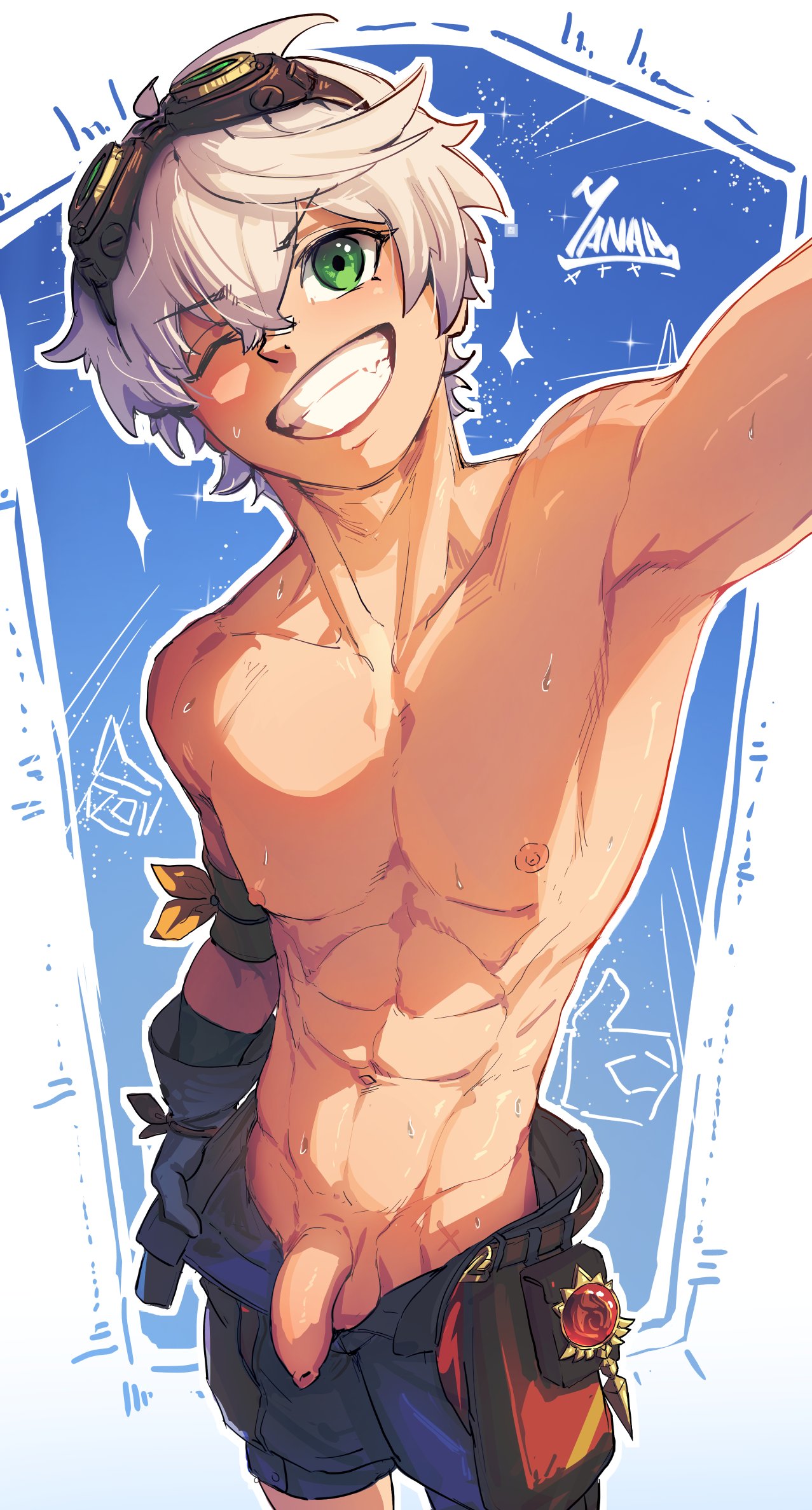 1boy, abs, balls, bennett (genshin impact), dick out of pants, flaccid, flaccid penis, foreskin, genshin impact, gloves, googles, gray hair, green eyes, grin, grinning at viewer, light skin, light-skinned male, male, male only, muscular, muscular male, pecs, penis, selfie, shorts, solo, uncut, yanayaa a