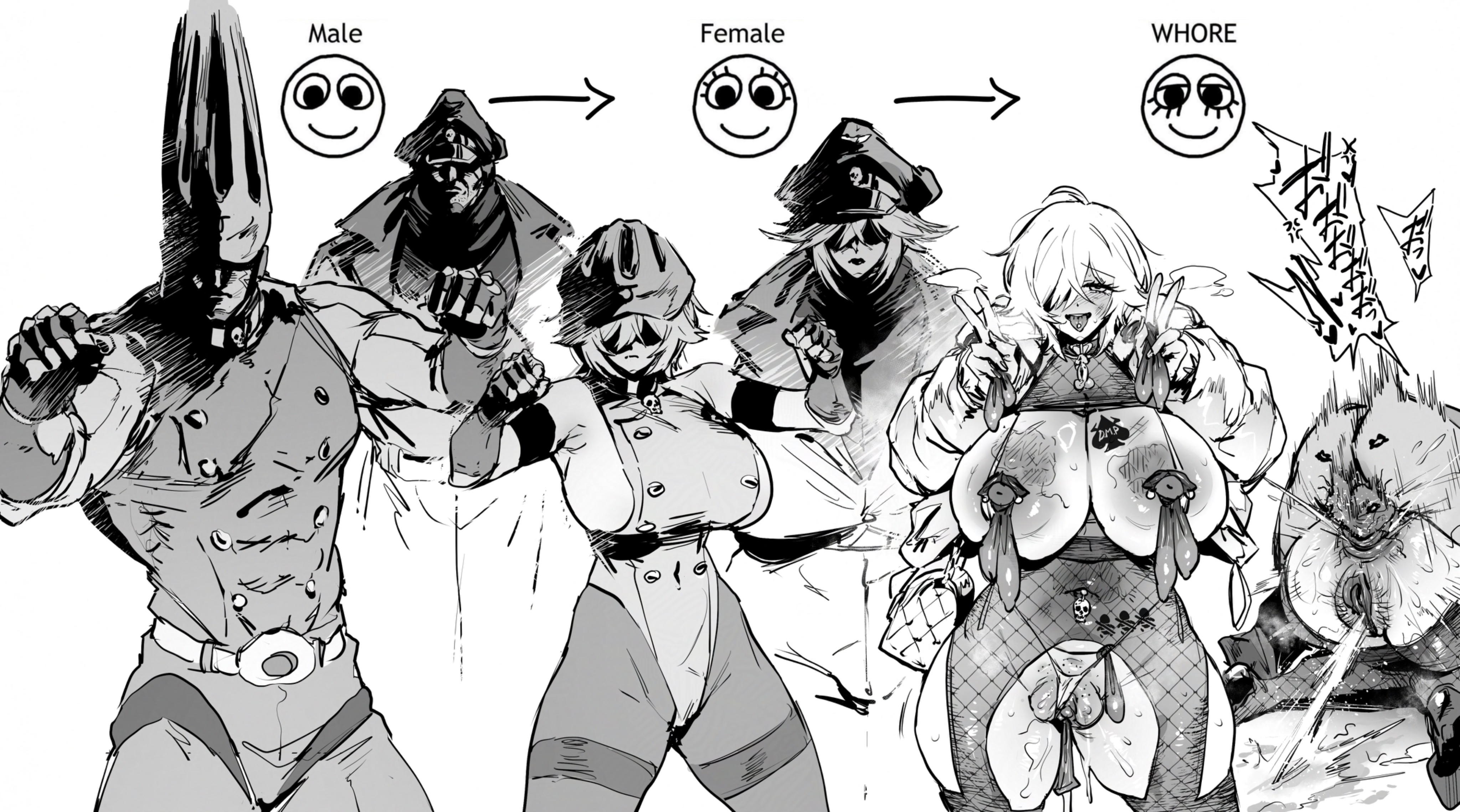 abortion mark, before and after, blonde hair, condom on nipples, fishnet legwear, fishnets, fucked silly, genderswap (mtf), huge ass, huge breasts, leotard, nipples, queen of spades, revealing clothes, revealing dress, slutification, slutty female, thick thighs, thirty 8ght, transformation, transformation sequence, transformation through sex, turning into a bitch, vaginal penetration, whored out