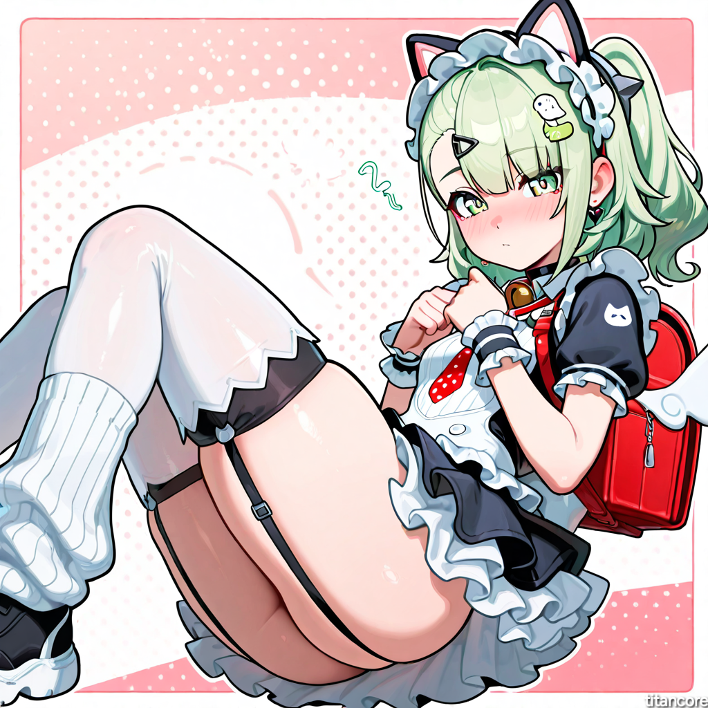 (titancore), 1girls, ai generated, angels of delusion, cute girl, embarrassing, female, girl, green hair, maid, maid headdress, maid uniform, side ponytail, sunna (afternoon tea break) (zenless zone zero), sunna (zenless zone zero), thick thighs, video game character, zenless zone zero