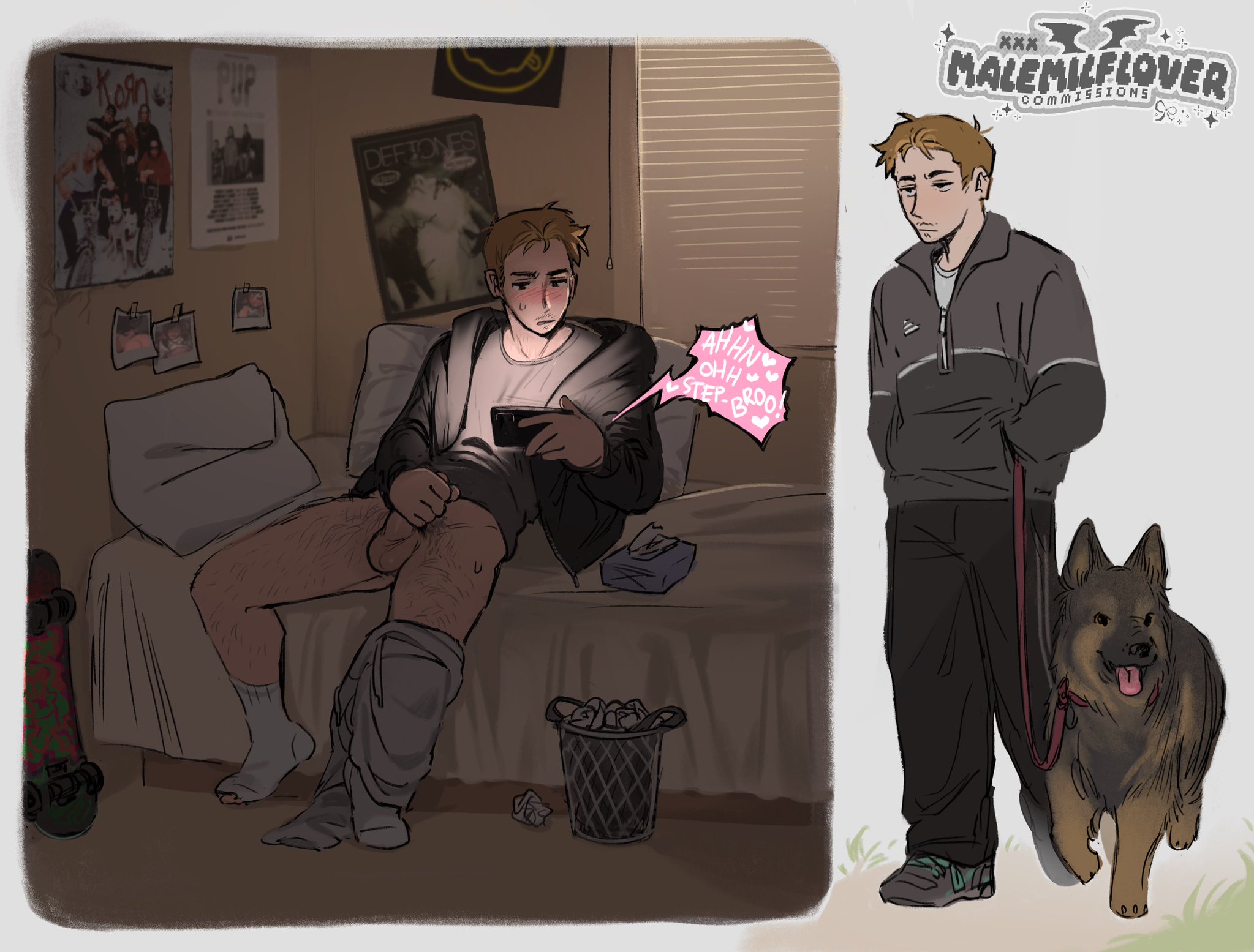 black eyes, blonde hair, canid, canine, canis, colored, commission art, dialogue, domestic dog, feral, grey sweatpants, hairy legs, holding object, hole in socks, human, jacket, jerking off, male only, masturbation, mostly clothed male, multiple images, no penetration, nudes, original character, pants down, picture on wall, poster (object), skateboard, solo male, step-incest, tissue box, tnso, watching porn