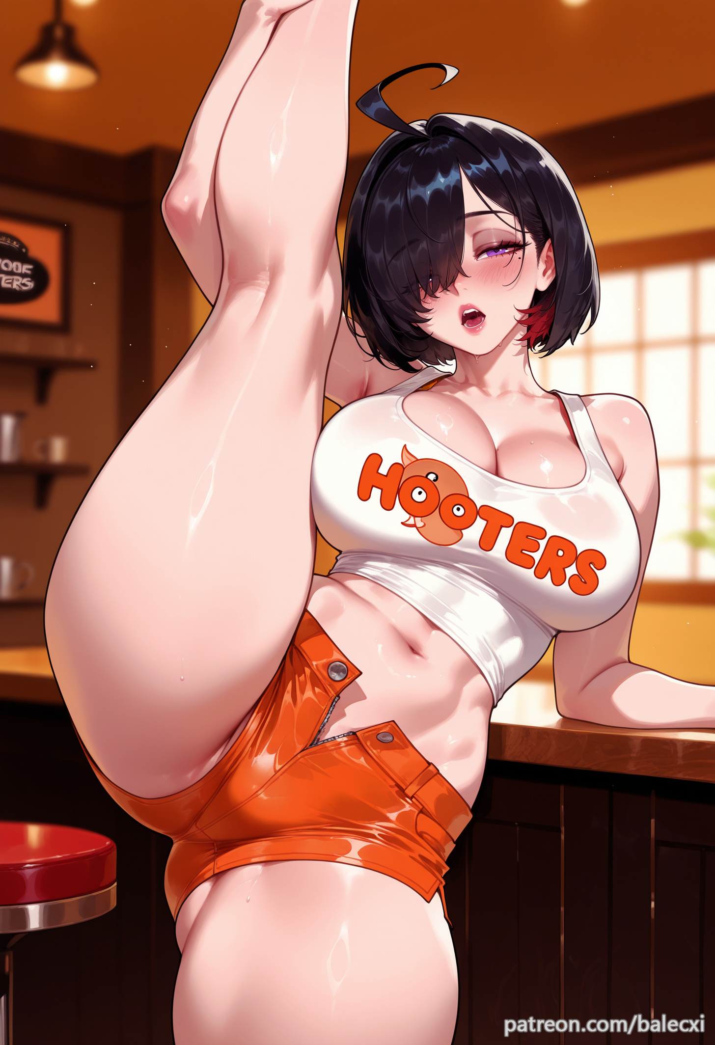 ahoge, ai generated, atelier yumia, balecxi, black hair, cleavage, employee uniform, female, hair over one eye, indoors, kneepits, large breasts, looking at viewer, mole, navel, open fly, open mouth, orange shorts, purple eyes, short hair, short shorts, solo, standing on one leg, standing split, tank top, thighs, yumia liessfeldt