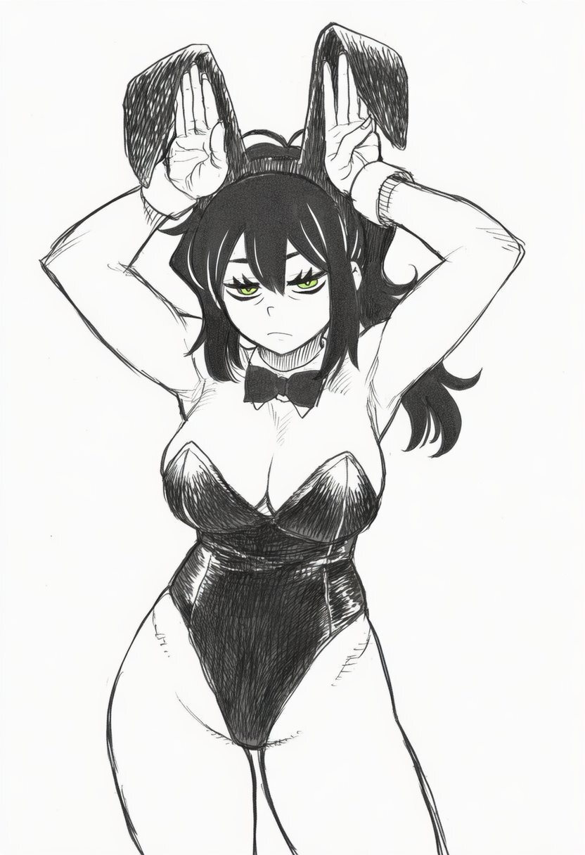 ..., ai generated, animal ears, armpits, arms up, bags under eyes, bare legs, bare shoulders, barely contained, black and white, black hair, borrowed character, bow, bowtie, breasts, breasts too big, bunnysuit, cleavage, closed mouth, clothing, cowboy shot, detached collar, fake animal ears, female, green eyes, hatching (texture), highleg, highleg leotard, large breasts, leotard, long hair, looking at viewer, playboy bunny, ponytail, rabbit ears, rabbit pose, renee graves, simple background, solo, solo female, solo focus, spot color, standing, strapless, strapless leotard, the coffin of andy and leyley, thighs, tight clothes, tight clothing, tight fit, too tight, white background, wrist cuffs
