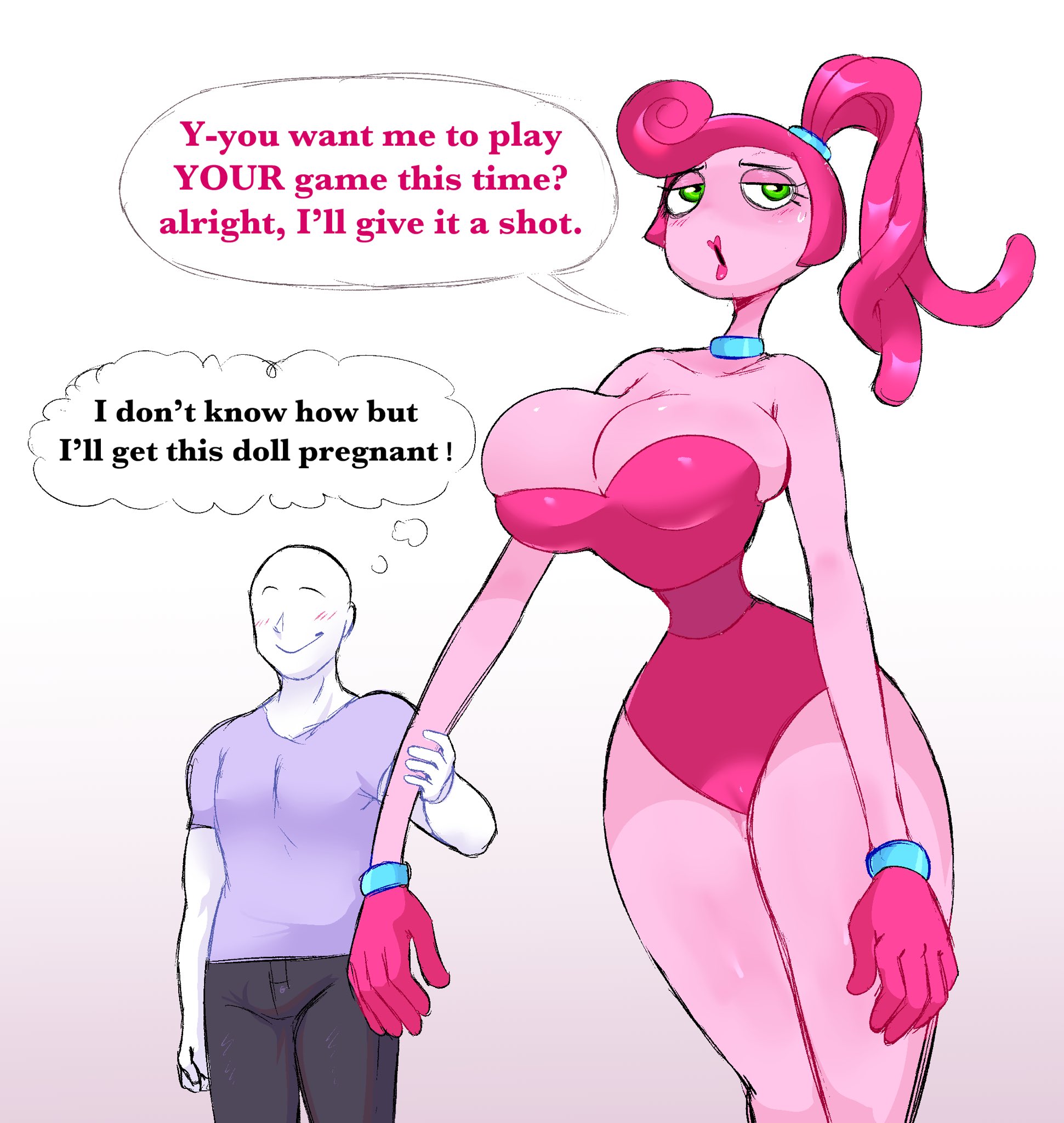 anon, berrythedragon, big breasts, breasts, female, green eyes, impregnation desire, mommy long legs, pink body, pink hair, poppy playtime, straight, taller female, text