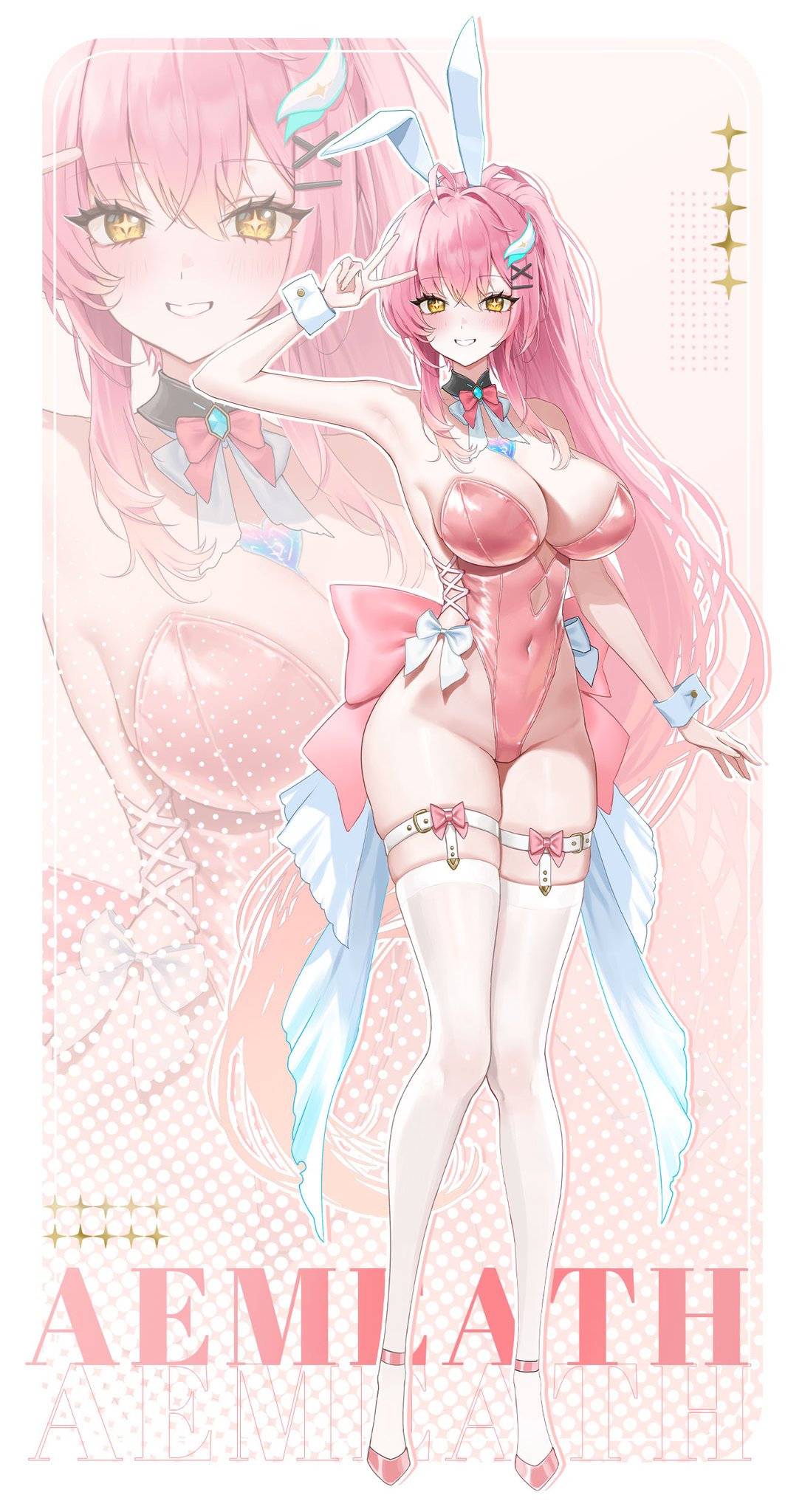 1girls, aemeath (wuthering waves), big breasts, breasts, brown eyes, bunnysuit, exposed breasts, female, long hair, pink bunnysuit, pink hair, ponytail, thighhighs, white bunny ears, white thighhighs, wuthering waves