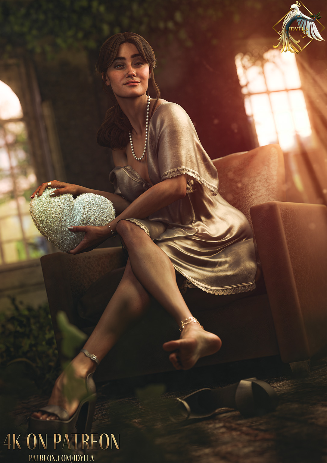 1girls, 2026, 3d, abandoned building, alternate version available, ankle bracelets, ankle strap heels, armchair, blue eyes, breasts, call of duty, call of duty black ops 7, clothed, clothed female, detailed feet, dress, ella purnell, fallout, fallout (tv series), feet, female, female only, full body, high heels, idylla, lace-trimmed dress, legs, legs together, legs together feet apart, long fingernails, long hair, long neck, looking at viewer, lucy maclean, nail polish, necklace, nightgown, nude underneath, off-shoulder dress, one shoe on, overgrown, painted nails, painted toenails, pearl necklace, pink lipstick, platform heels, silver dress, silver nail polish, silver toenail polish, sitting, sitting on chair, smile, soles, solo, tied hair, toenail polish, veiny feet
