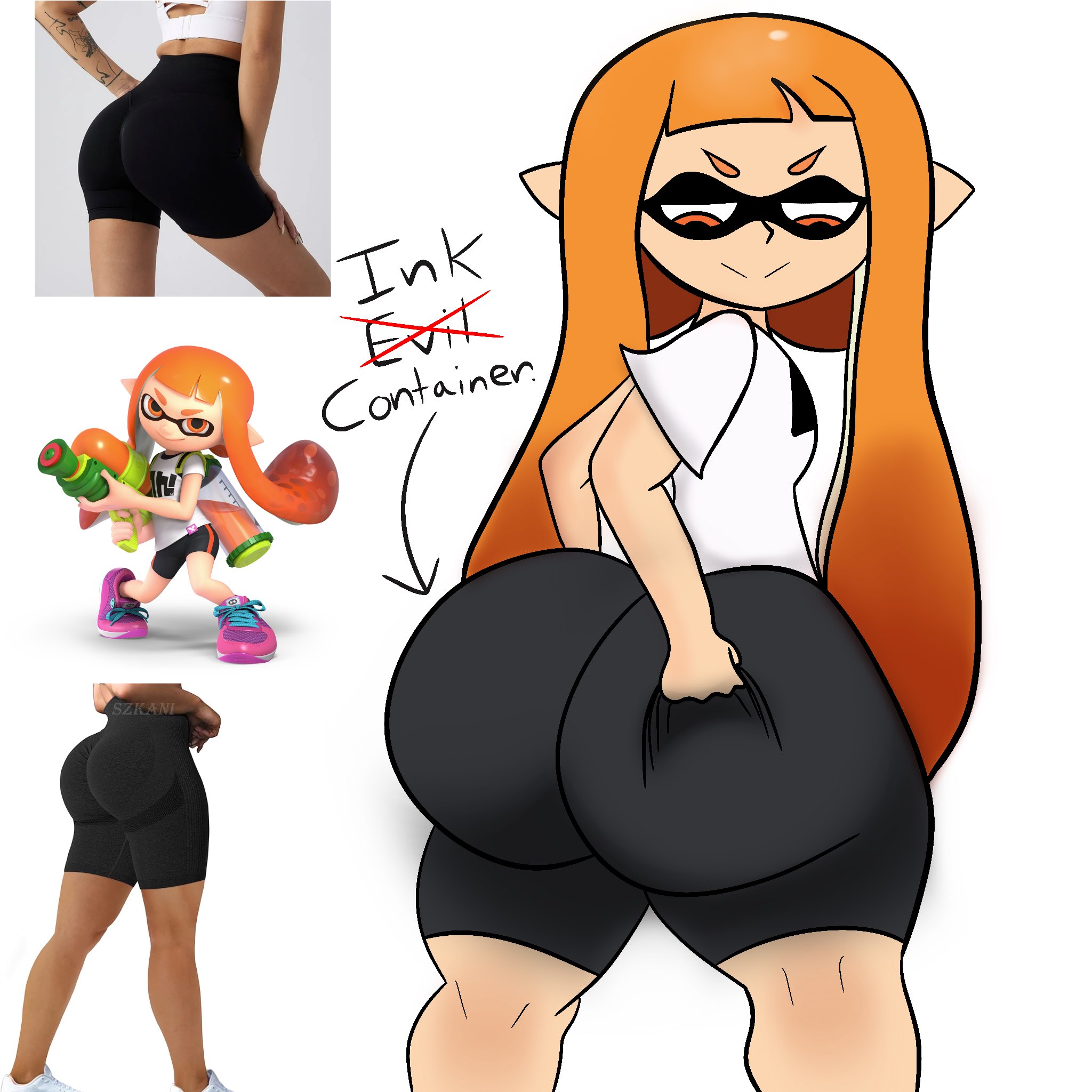 1girls, ass, big ass, bike shorts, clothes grab, curvydoodles, evil container, huge ass, inkling, inkling girl, kaori (splatoon), nintendo, reference image, solo, solo female, solo focus, splatoon, splatoon (series), super smash bros., super smash bros. ultimate
