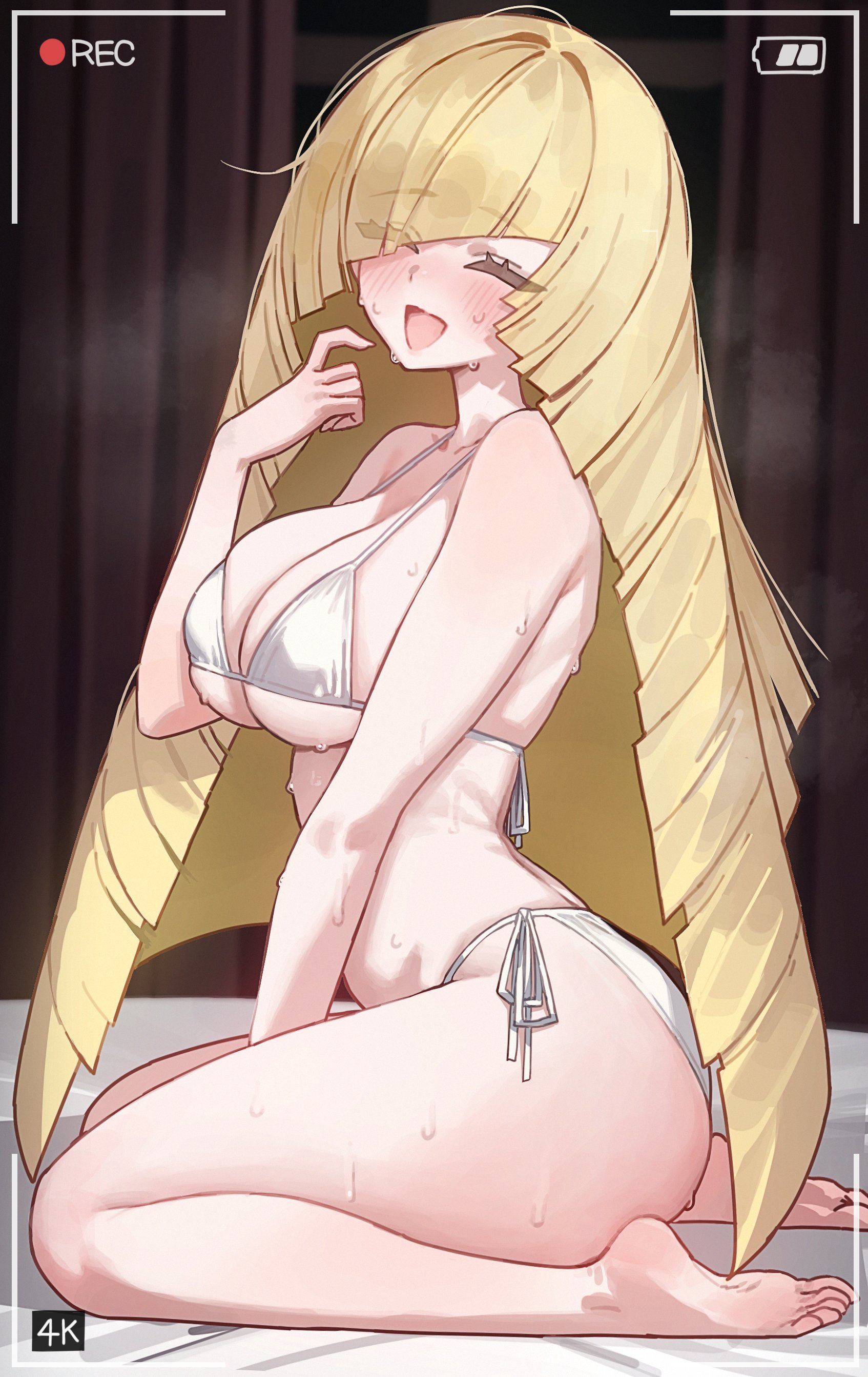 1girls, alternate version available, barefoot, big breasts, bikini, bikini bottom, bikini top, blonde hair, blush, bottomwear, breasts, camera hud, camera view, cleavage, closed eyes, feet, female, female only, game freak, long hair, lusamine (pokemon), mature, mature female, mature woman, milf, mochirong, mother, on knees, pokemon, pokemon sm, side view, sideboob, smile, solo, solo female, steam, steamy breath, sweat, sweatdrop, sweaty, swimwear, topwear, white bikini