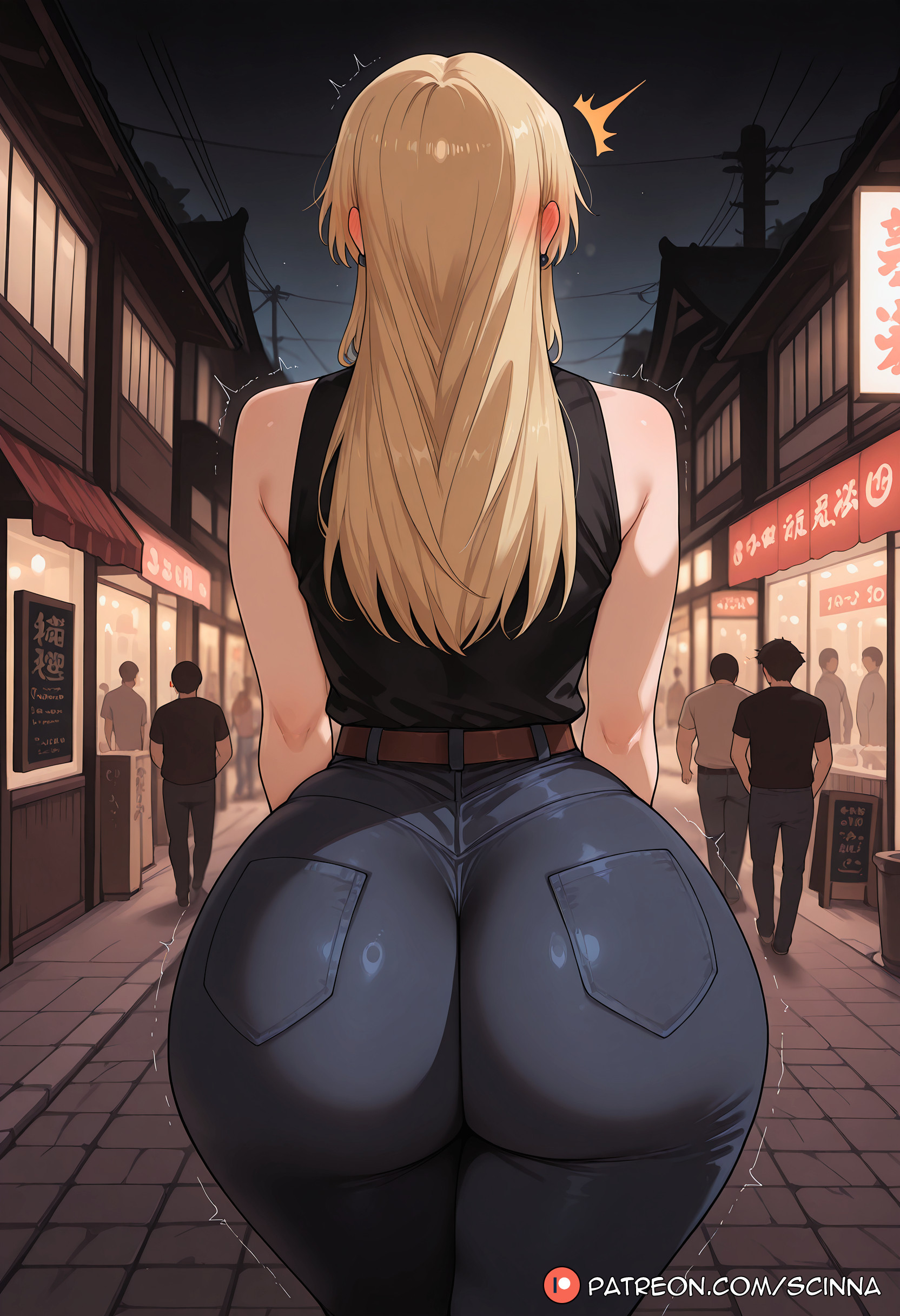 ^^^, ai generated, artist name, ass, ass focus, bare shoulders, belt, black shirt, blonde hair, blush, brown belt, building, curvaceous, curvaceous body, curvy, curvy body, curvy female, denim, facing away, female, from behind, huge ass, jeans, jujutsu kaisen, long hair, multiple boys, night, night sky, outdoors, pants, patreon logo, patreon username, people, scinna, self upload, shirt, sky, sleeveless, sleeveless shirt, solo focus, stable diffusion, star (sky), street, thighs, tight clothes, trembling, voluptuous, voluptuous body, voluptuous female, watermark, web address, wide hips, yuki tsukumo