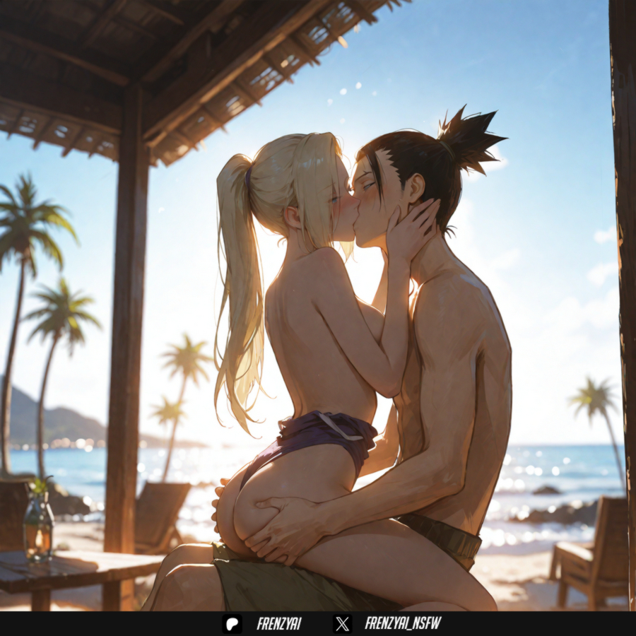 1boy, ai generated, ass, ass grab, beach, black hair, blonde hair, blue eyes, blurry, blurry background, blush, breasts, closed eyes, clothes pull, couple, day, english text, female, french kiss, frenzyai, husband and wife, ino yamanaka, kissing, large breasts, long hair, male swimwear, nara shikamaru, naruto, naruto (series), naruto shippuden, ocean, one-piece swimsuit, one-piece swimsuit pull, outdoors, palm tree, ponytail, sitting, straight, swim trunks, swimsuit, topless, tree, water