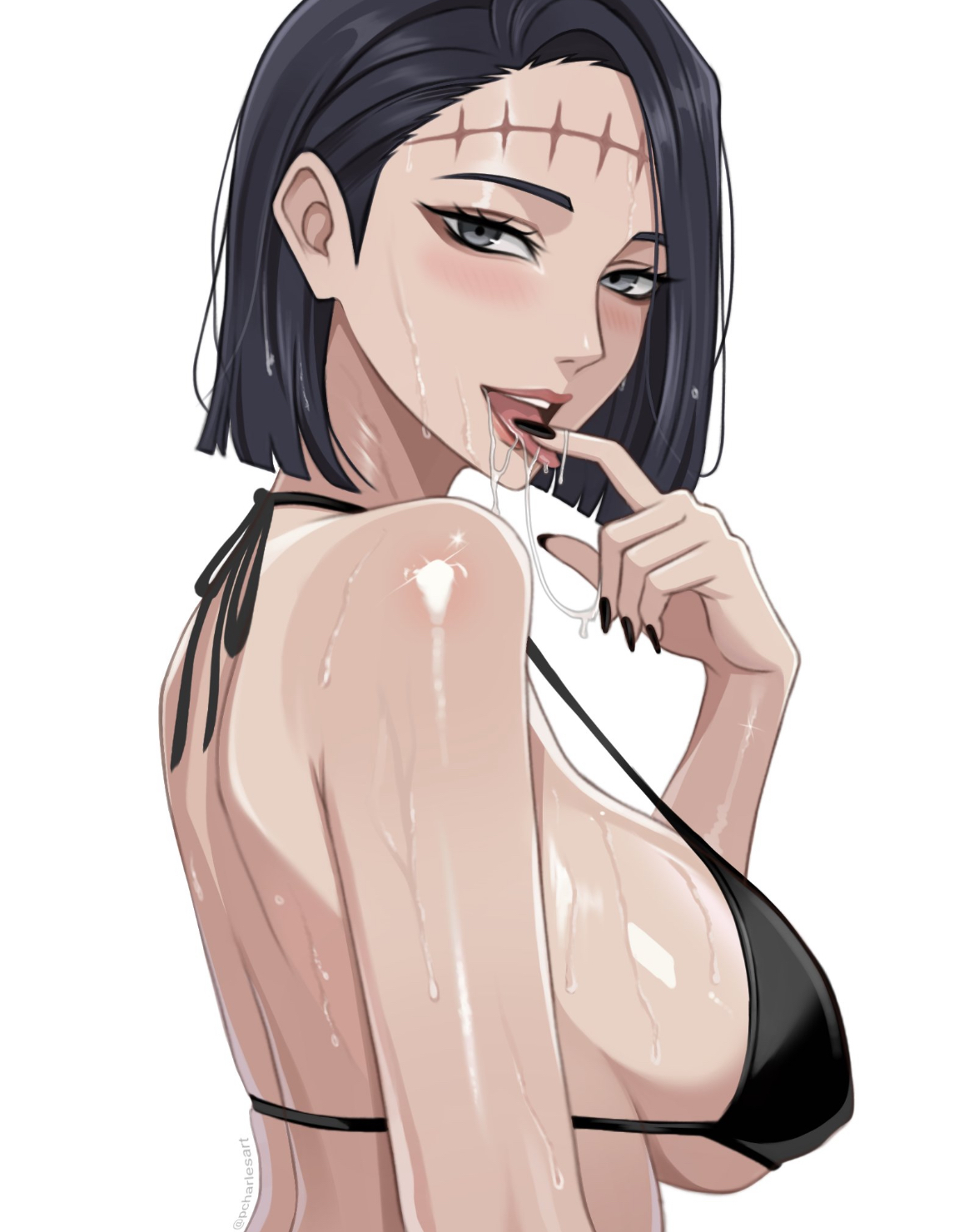 big breasts, bikini top, black hair, bob cut, charlesart, finger on tongue, itadori kaori, jujutsu kaisen, kenjaku, milf, mother, seductive look, sideboob, stitches, sweaty body, tongue out