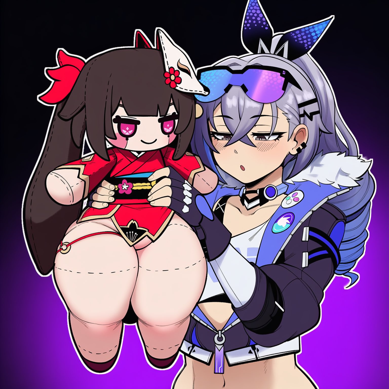 1girls, 2d, ai generated, ass, big ass, big butt, big thighs, black gloves, black jacket, blush, character doll, crop top, crossed bangs, doll, doll joints, drill hair, eyewear on head, female, female only, fingerless gloves, fox mask, fur trim, fur-trimmed jacket, gigigens, gloves, goggles, goggles on head, grey eyes, grey hair, hair between eyes, hair ornament, hair ribbon, holding doll, honkai: star rail, huge thighs, jacket, japanese clothes, joints, kimono, large ass, large butt, large thighs, long hair, mask, mask on head, navel, obi, plushie, plushophilia, ponytail, purple background, ribbon, silver wolf (honkai: star rail), solo, sparkle (doll) (honkai: star rail), sparkle (honkai: star rail), thick ass, thick butt, thick thighs, thighs, wide hips