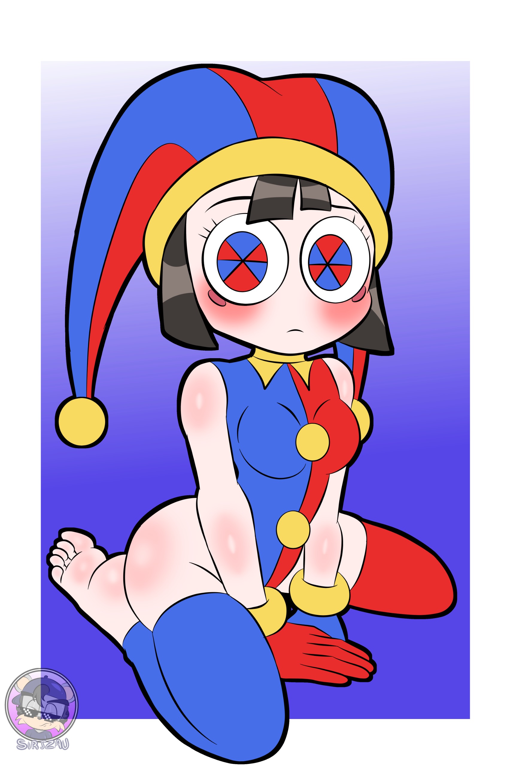 1girls, 5 fingers, 5 toes, blush, blushing, blushing at viewer, breasts, feet, glitch productions, jester, jester hat, jester outfit, kneeling, looking at viewer, pomni, pomni (the amazing digital circus), sirjzau, tagme, the amazing digital circus