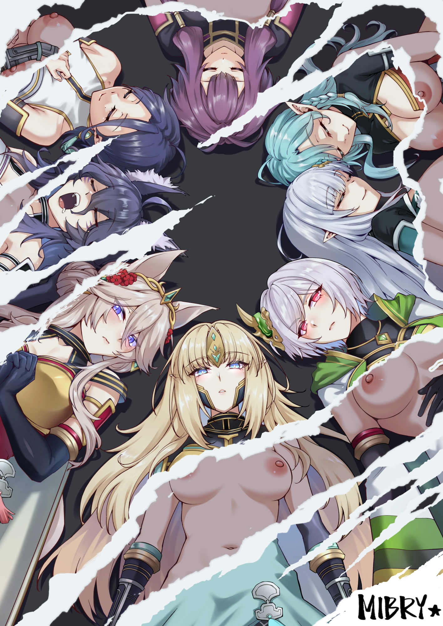 6+girls, ahoge, animal ear fluff, animal ears, aqua hair, armor, armored dress, artist name, black hair, blonde hair, blue eyes, breasts, cat ears, cat girl, cat tail, character request, closed eyes, closed mouth, commentary, dress, elf, english commentary, facial mark, flower, freya (the eminence in shadow), grey hair, hair between eyes, hair flower, hair ornament, highres, kage no jitsuryokusha ni naritakute!, kage no jitsuryokusha ni naritakute! master of garden, large breasts, lili (the eminence in shadow), long hair, looking at viewer, lying, mibry (phrysm), multiple girls, navel, nipples, olivier (the eminence in shadow), on back, open mouth, parted lips, pointy ears, purple eyes, purple hair, red eyes, revealing layer, saliva, short hair, sleeping, slit pupils, tail, the eminence in shadow, the eminence in shadow (apocrypha), tiara, very long hair, wolf ears, wolf girl