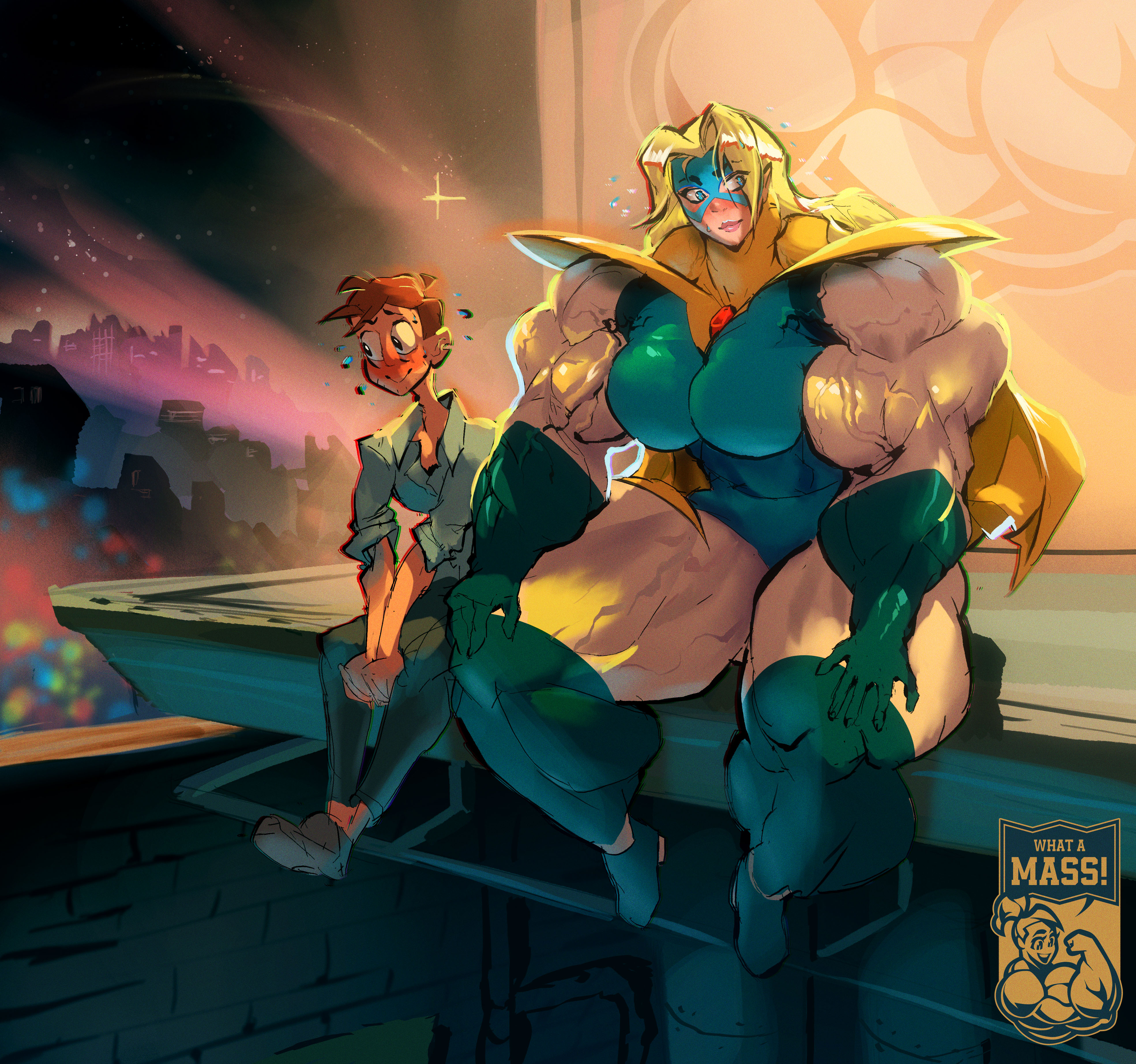 1girls, 2d, 2d (artwork), 2d artwork, abs, absurd res, biceps, big, big ass, big biceps, big breasts, big butt, big muscles, bigger female, blonde blazer, blush, breasts, digital art, digital media, digital media (artwork), dispatch (game), female, hyper muscles, muscle growth, muscles, muscular, muscular arms, muscular female, muscular legs, muscular thighs, robert robertson, shy, size comparison, size difference, smaller male, superheroine, sweating, thighs, tight clothing, veins, veiny muscles, what a mass!