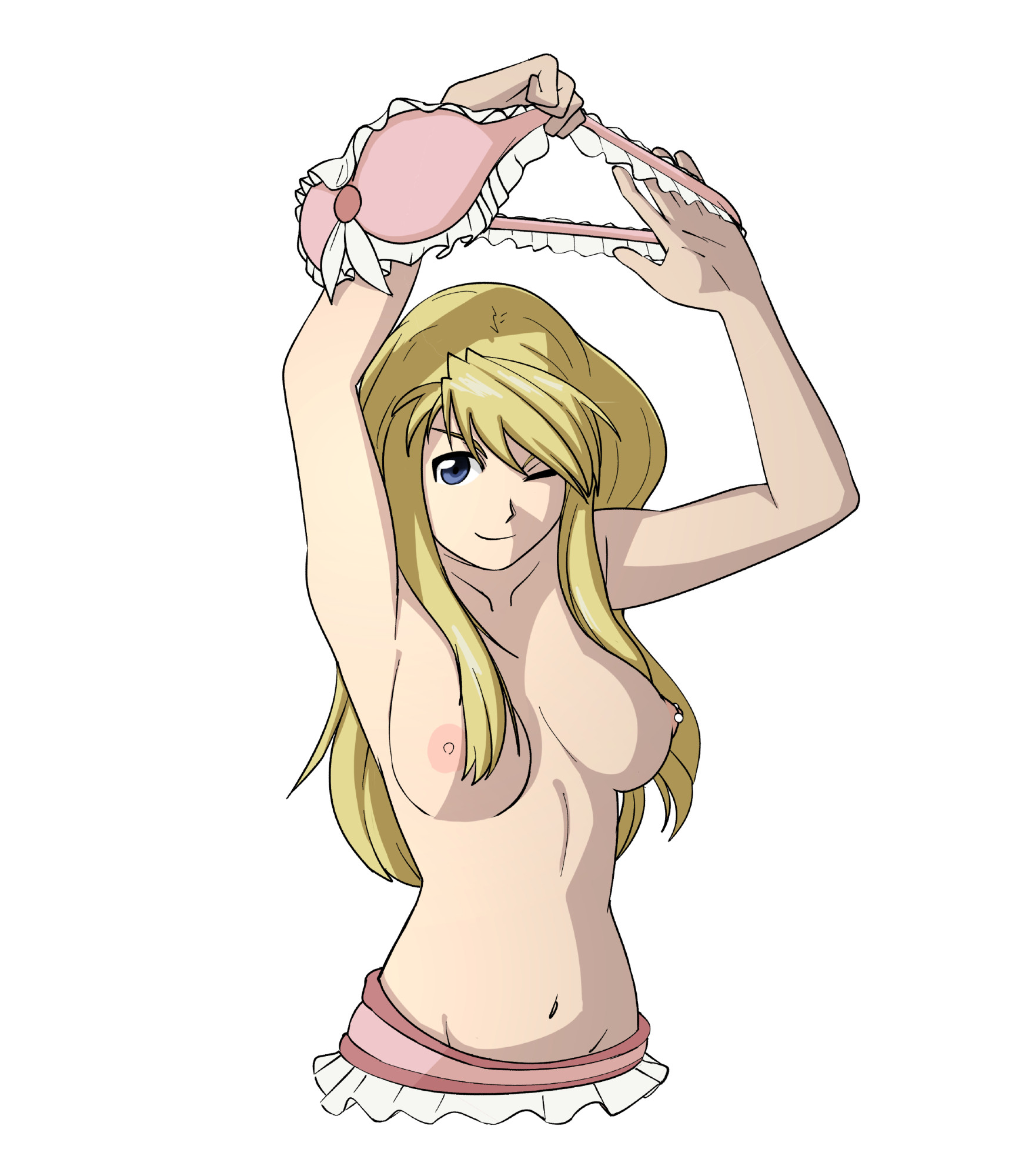 1girls, blonde hair, blue eyes, bra, breasts, exposed breasts, female, female only, flashing breasts, frilled bikini, fullmetal alchemist, fullmetal alchemist brotherhood, light skin, light-skinned female, long hair, pink bikini, pink bikini top, pink bra, removing bra, solo, stripping, swimsuit, topless female, tropic turtle, upper body, wink, winry rockbell
