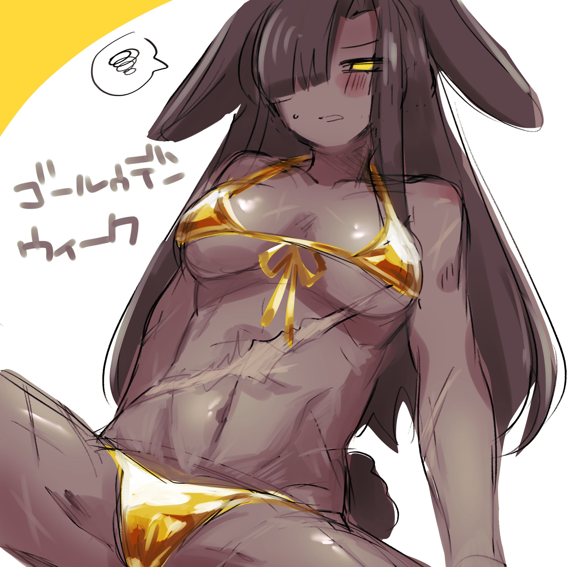 1girl, 1girls, black body, black hair, blush, blush lines, blushing, blushing at viewer, blushing female, breasts, brown body, brown hair, brown skin, bunny ears, dark-skinned female, female, female focus, female only, golden bikini, golden week, limbus company, long hair, looking at viewer, medium breasts, project moon, scar, scar on stomach, scars, solo, solo female, solo focus, spread, spread legs, tagme, text, thick thighs, thighs, yellow eyes, yue doux, zilu (limbus company)