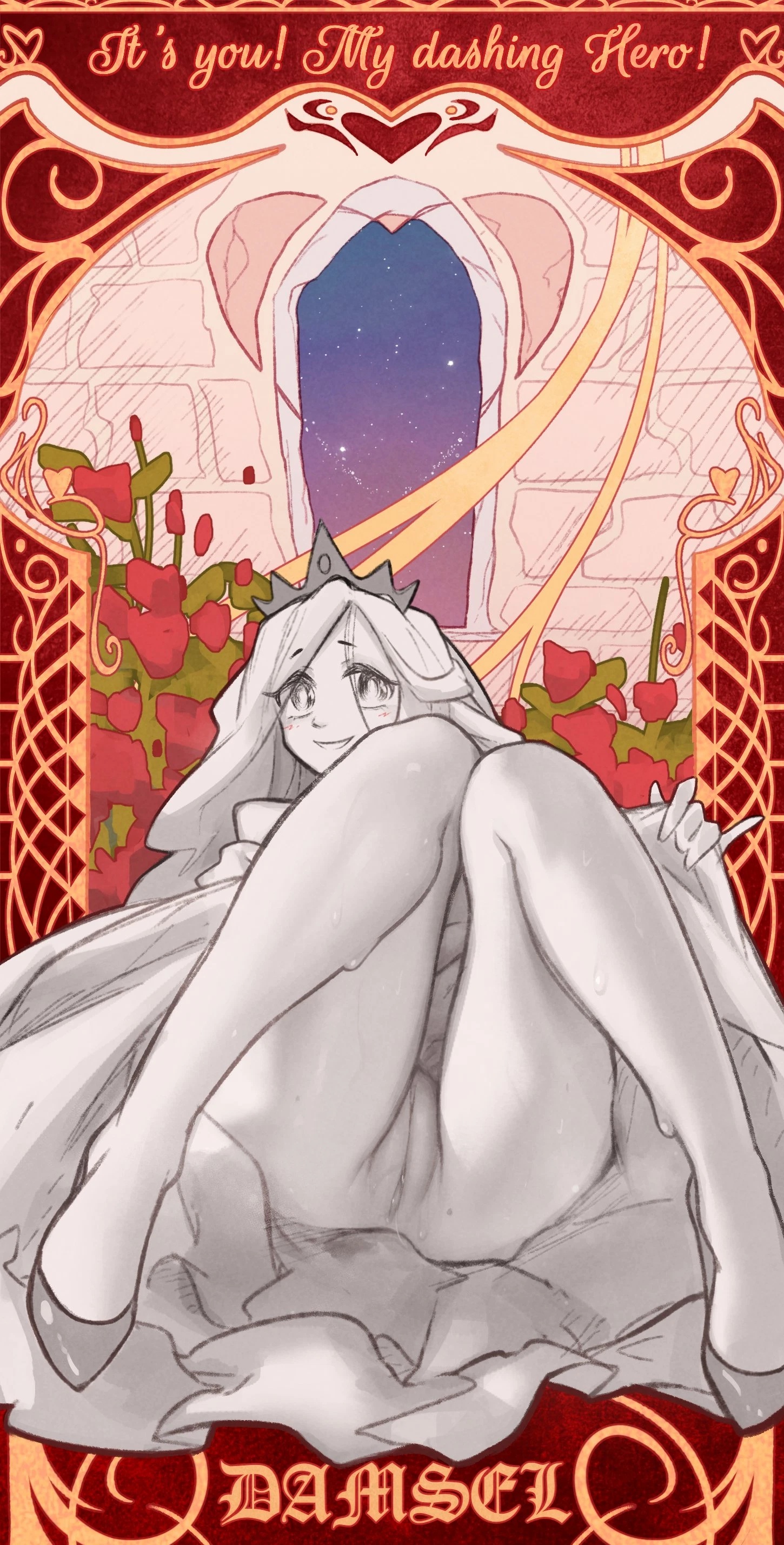 1girls, absurdres, art nouveau, ass, blush, character name, clothing, crown, cute, dress, english text, female, flower, goes hard, heels, highres, knees together feet apart, legs, long hair, looking at viewer, monochrome, night, night sky, no panties, notsorapoi, princess (slay the princess), pussy, skirt, skirt lift, sky, slay the princess, smile, solo, sweat, the damsel (slay the princess), thighs, tiara, vhfd, window