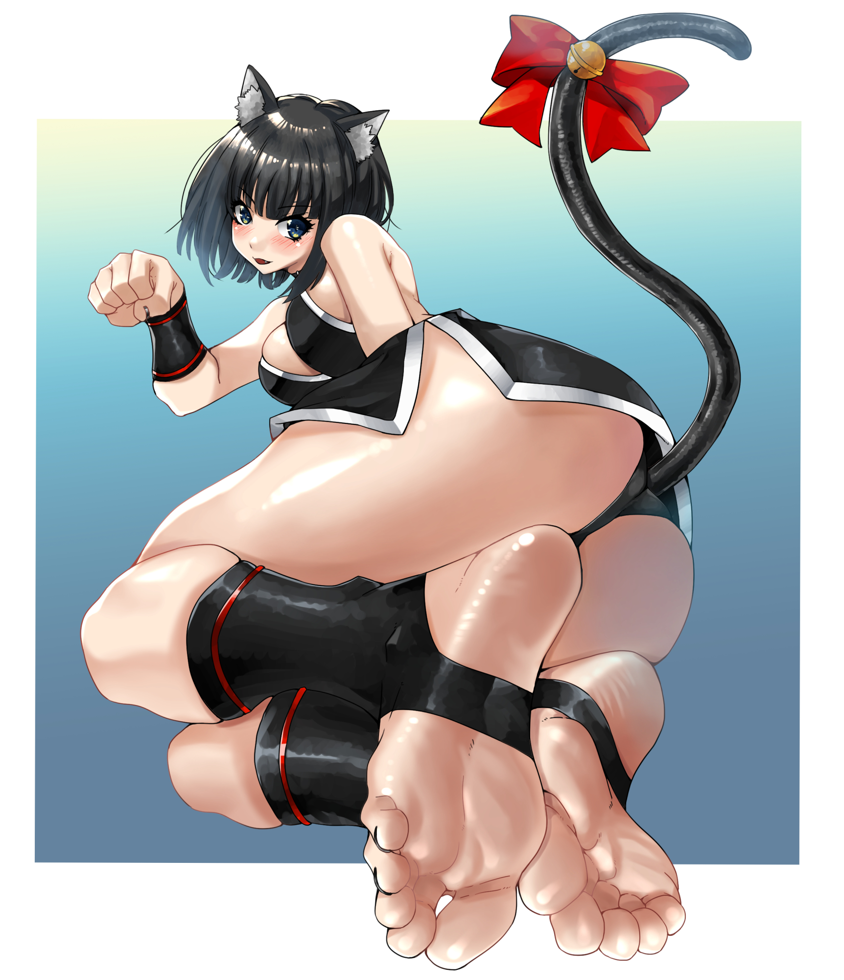 ass focus, black nails, black toenails, cat ears, cat tail, catgirl, fang, feet, foot focus, from behind, huge ass, kunoichi, large breasts, looking back, medium hair, ninja, soles, stirrup legwear, stirrup socks, tail bell, tail ribbon, toes