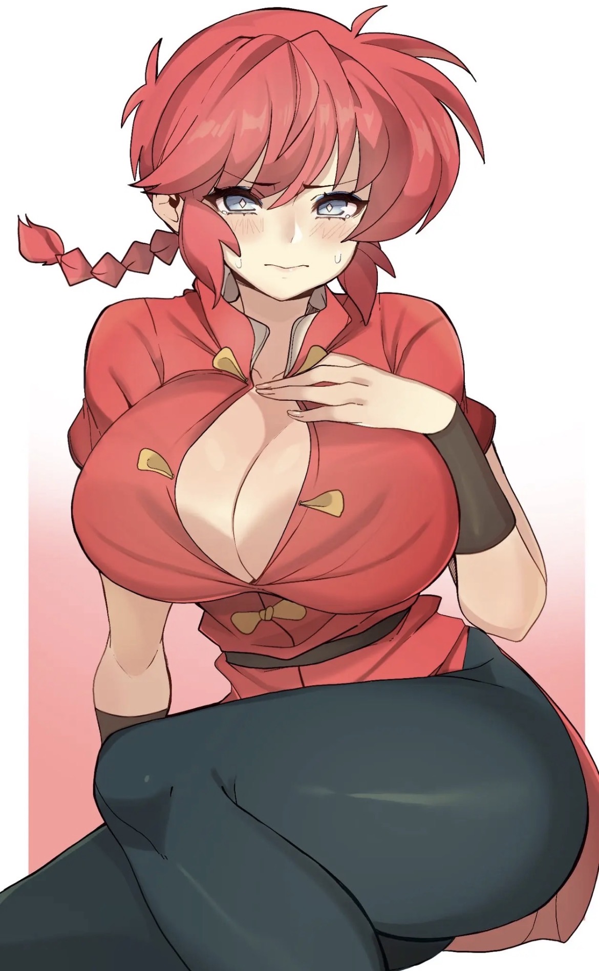 blush, hand on breast, huge breasts, jeans, no sex, ranma 1/2, ranma saotome, ranma-chan, red hair, wide hips