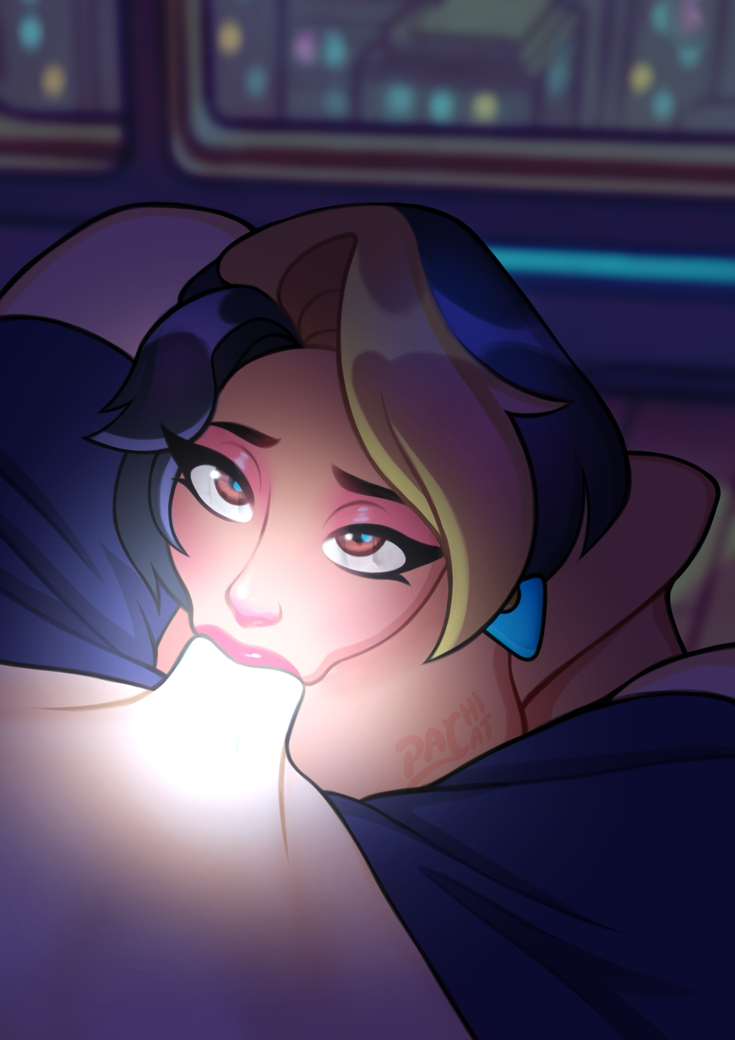 blowjob, blowjob face, deepthroat, domina, evening, flirting, flirty, indian, indian female, naked, naked female, night, oral, overwatch, overwatch 2, pachicat, sitting, sitting on chair, sucking, sucking penis