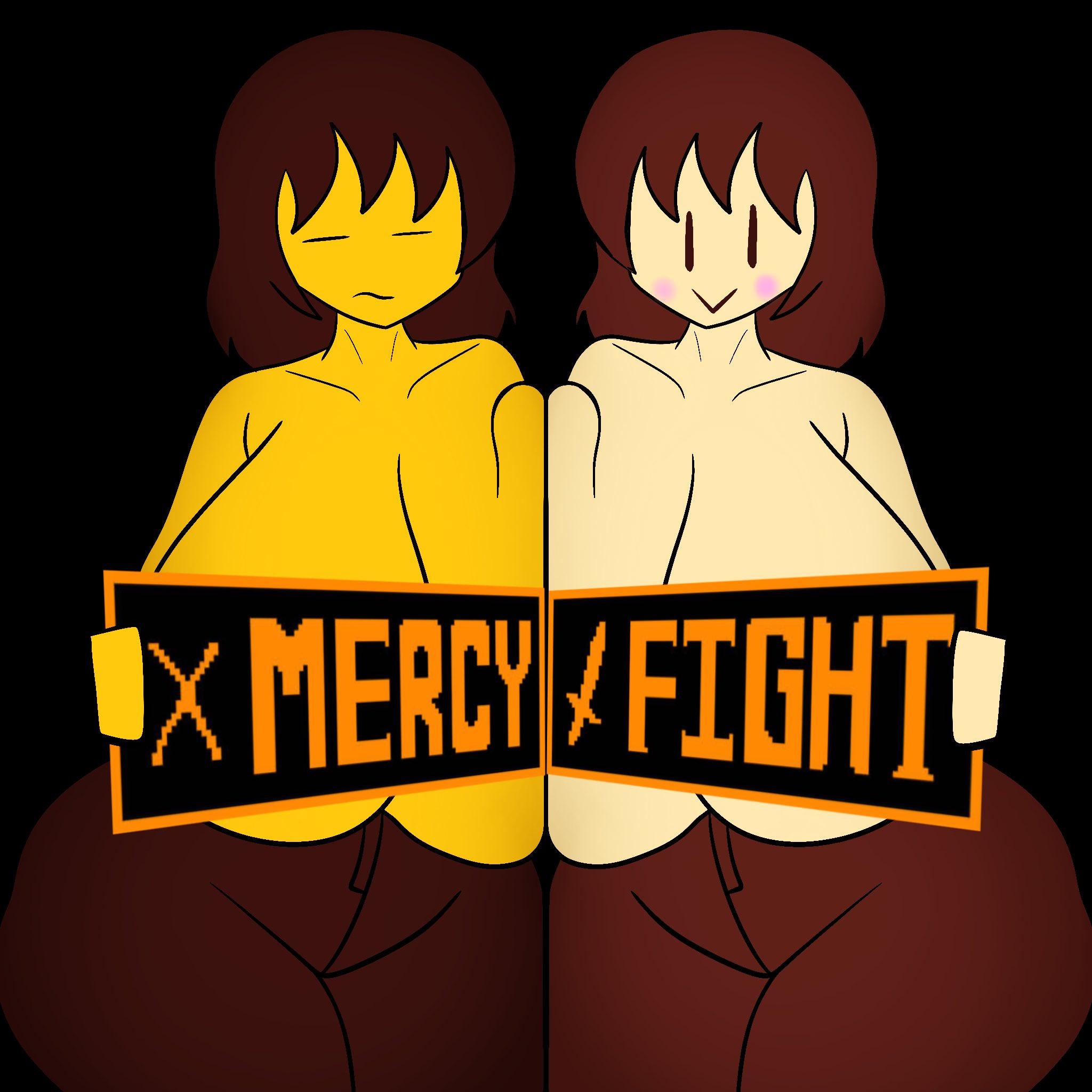 =), 2girls, big breasts, breasts, chara, chara (undertale), curvydoodles, female chara, female frisk, frisk, frisk (undertale), game mechanics, game ui, huge breasts, text, topless, undertale, undertale (series)