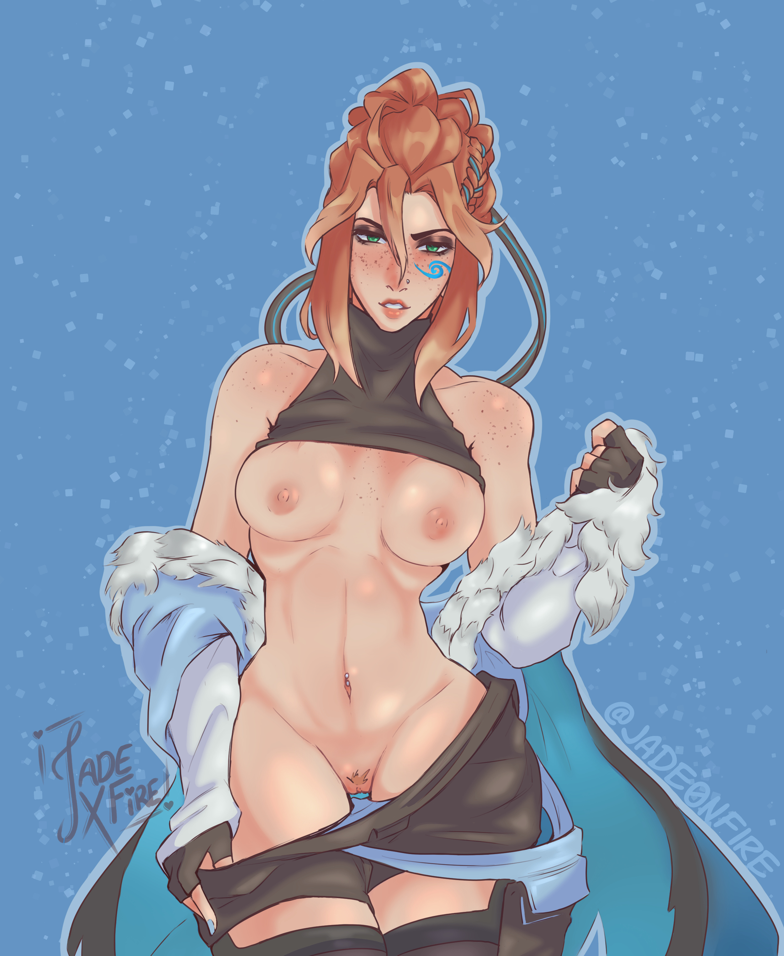 1girls, 2d, 2d (artwork), breasts, breasts out, facing viewer, female, female torso, freckles, freja (overwatch), green eyes, halter top, jade x fire, light skin, light-skinned female, medium breasts, navel, navel piercing, nipples, no bra, off shoulder, open coat, orange hair, overwatch, pubic hair, pulled by self, pussy, shorts pull, snow, solo, thigh gap, undressing