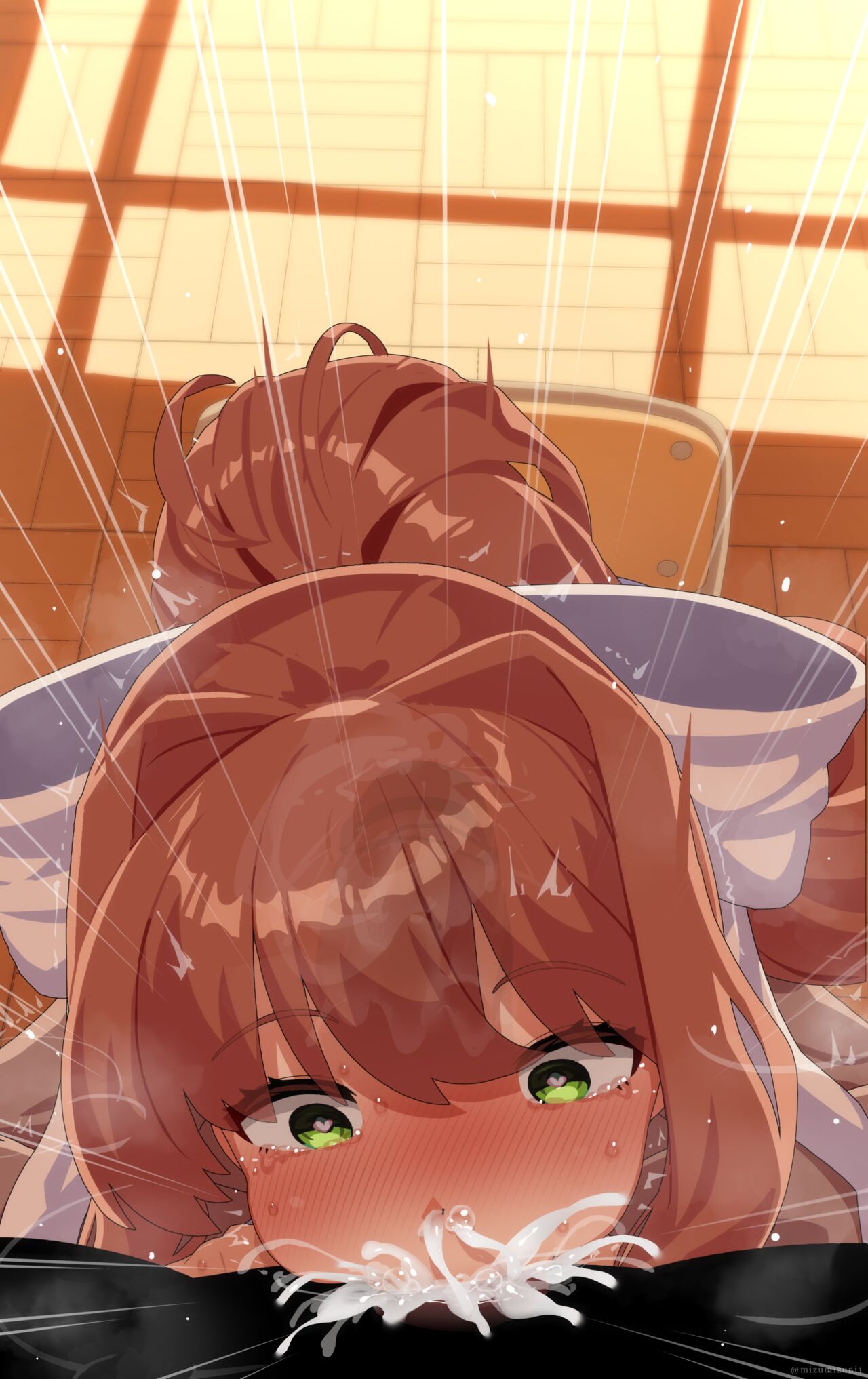 1boy, 1girls, all the way to the base, anon, balls, balls deep, big penis, blowjob, blush, brown hair, clothing, cum, cum in mouth, cum in stomach, cum in throat, cum inside, cum out nose, cumming, deepthroat, doki doki literature club, fellatio, female, female penetrated, green eyes, hair ribbon, half-closed eyes, heart-shaped pupils, huge cock, large penis, long hair, male, male penetrating, male penetrating female, male/female, mizumizuni, monika (doki doki literature club), open mouth, oral, penetration, penis, saliva, school uniform, schoolgirl, sex, surprised, sweat, tears, teenager, veiny penis, wide eyed, x-ray, you
