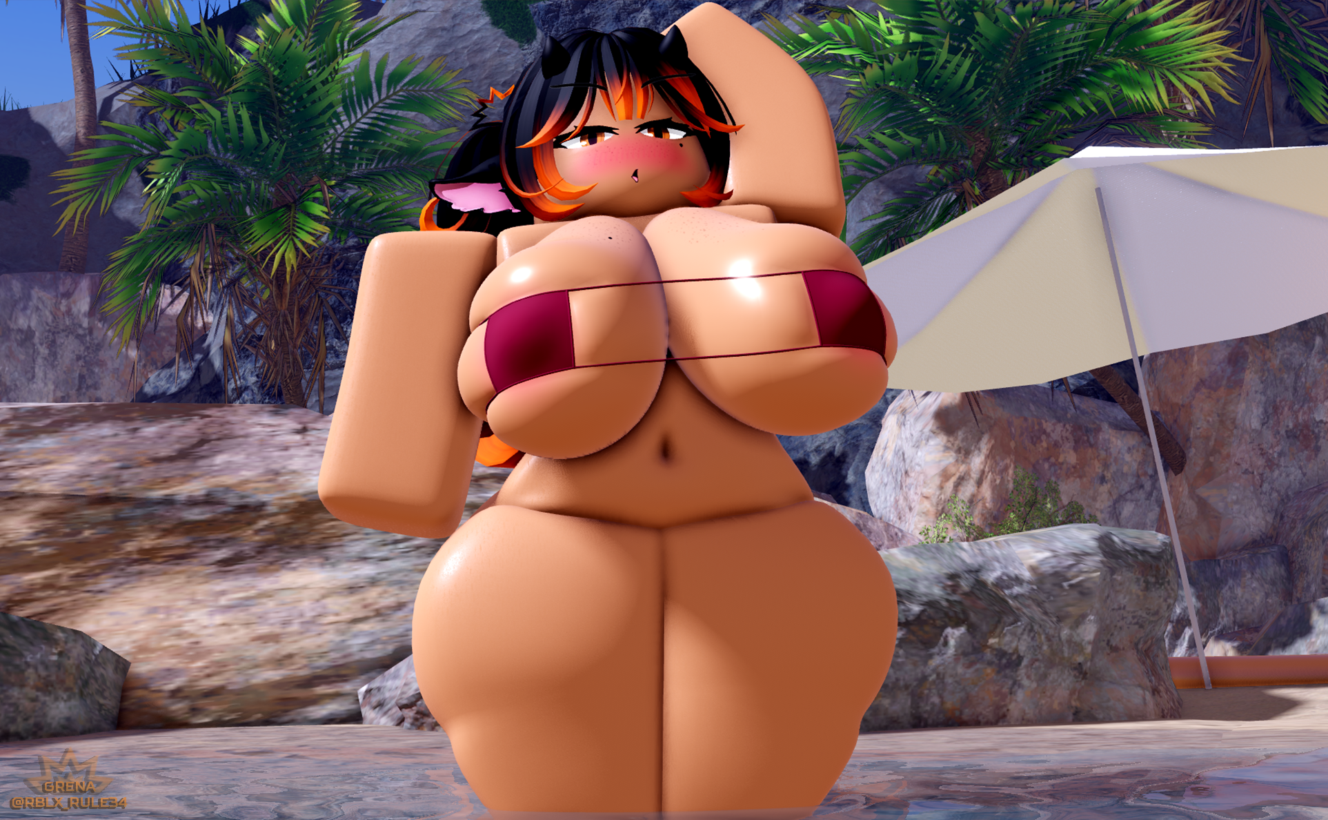 1girls, 3d, arm up, ass, big ass, big breasts, bikini, black hair, bottomless, breasts, cow ears, cow horns, female, freckles, freckles on breasts, grena, hair, horns, looking at viewer, mole on breast, mole under eye, multicolored hair, nude, orange hair, original character, pussy, reyna (grena), roblox, robloxian, solo, solo focus, tan skin, tan-skinned female, thick thighs, thighs, twintails, two-tone hair
