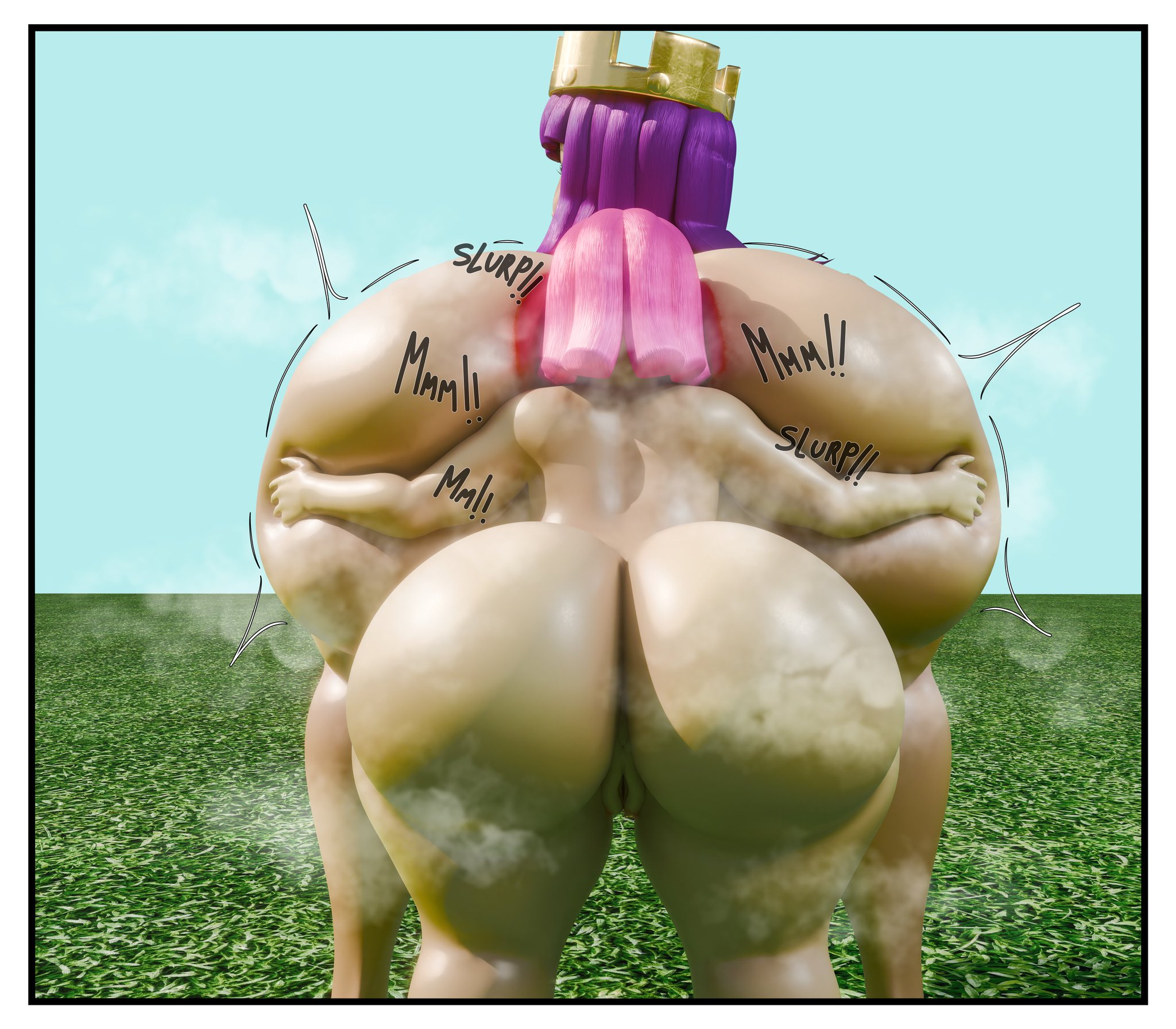 2025, 2female, 2girls, 3d, 3d render, archer (clash royale), archer queen (clash royale), ass, background, bending over, bent over, big ass, big breasts, black text, blue eyes, blush, breasts, case8001, chubby, chubby female, clash (series), clash royale, crown, dialogue, eating ass, hand on ass, hi res, huge ass, huge breasts, licking, licking ass, musk, musk clouds, musky butt, pink hair, pink pubic hair, purple hair, short female, slurp, taller female, text, twitter link