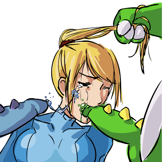 1girls 2boys 2d bob bodily_fluids bodysuit bub bubble_bobble color crossover cum facial fellatio female forced_oral genital_fluids genitals hair hair_grab hair_pull human male metroid nintendo oral penis rape samus_aran sex simple_background straight taito tears uncensored white_background zero_suit zero_suit_samus