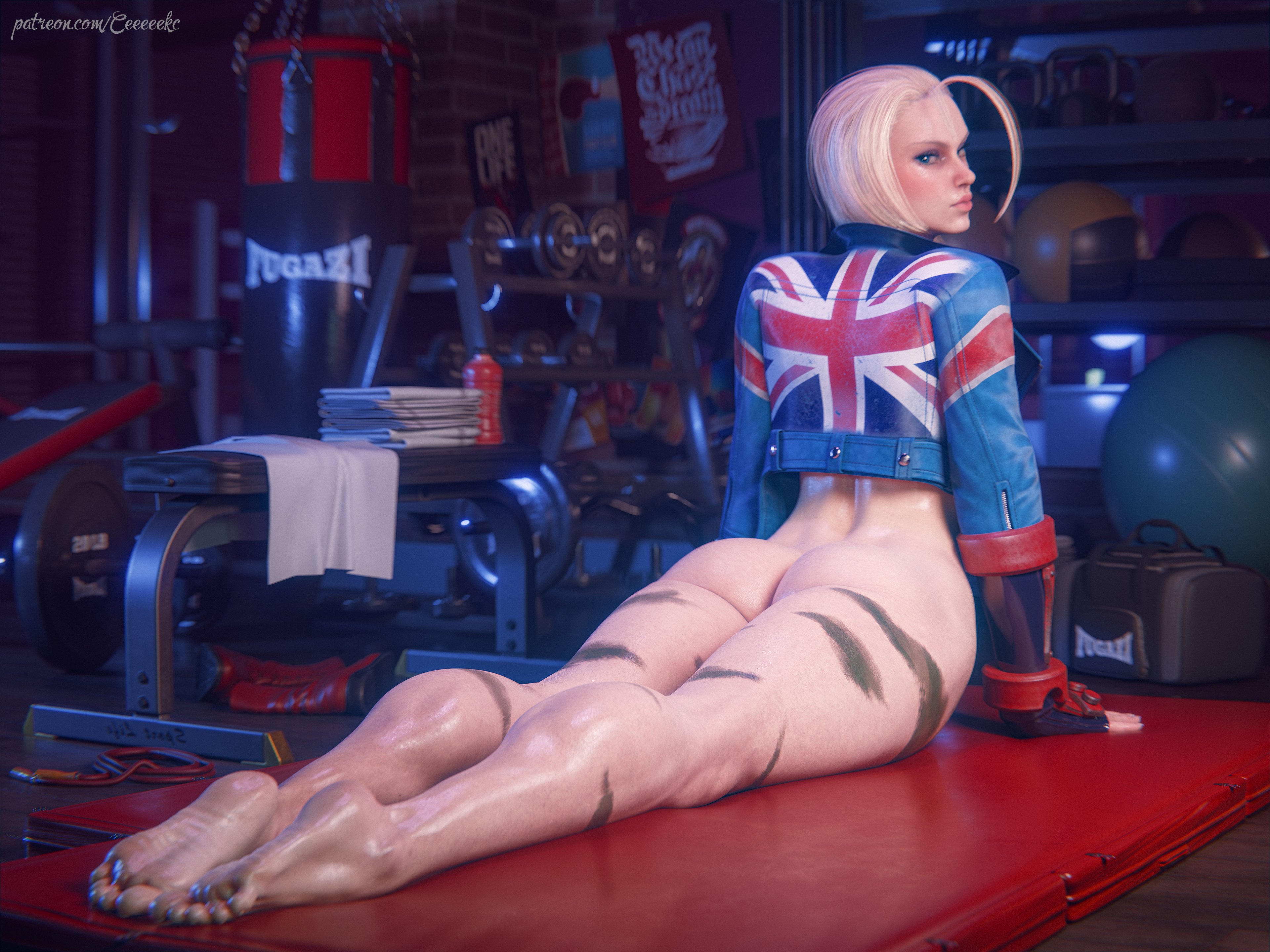 1girls, 2026, 3d, ass, back dimples, barefoot, blonde hair, blue eyes, bottomless, bottomless female, british flag, cammy white, cammy white (street fighter 6), ceeeeekc, cobra pose, feet, female, female only, fighting gloves, fingerless gloves, floor mat, foot fetish, full body, gloves, huge ahoge, jacket, laying down, leather jacket, looking at viewer, looking back, looking back at viewer, lying on ground, medium ass, medium hair, no visible genitalia, oiled, oiled skin, on ground, pink lipstick, rear view, soles, solo, street fighter, street fighter 6, stretching, thigh markings, thighs, toes, toned, toned calves, toned female, toned legs, union jack clothing, war paint, yoga, yoga pose