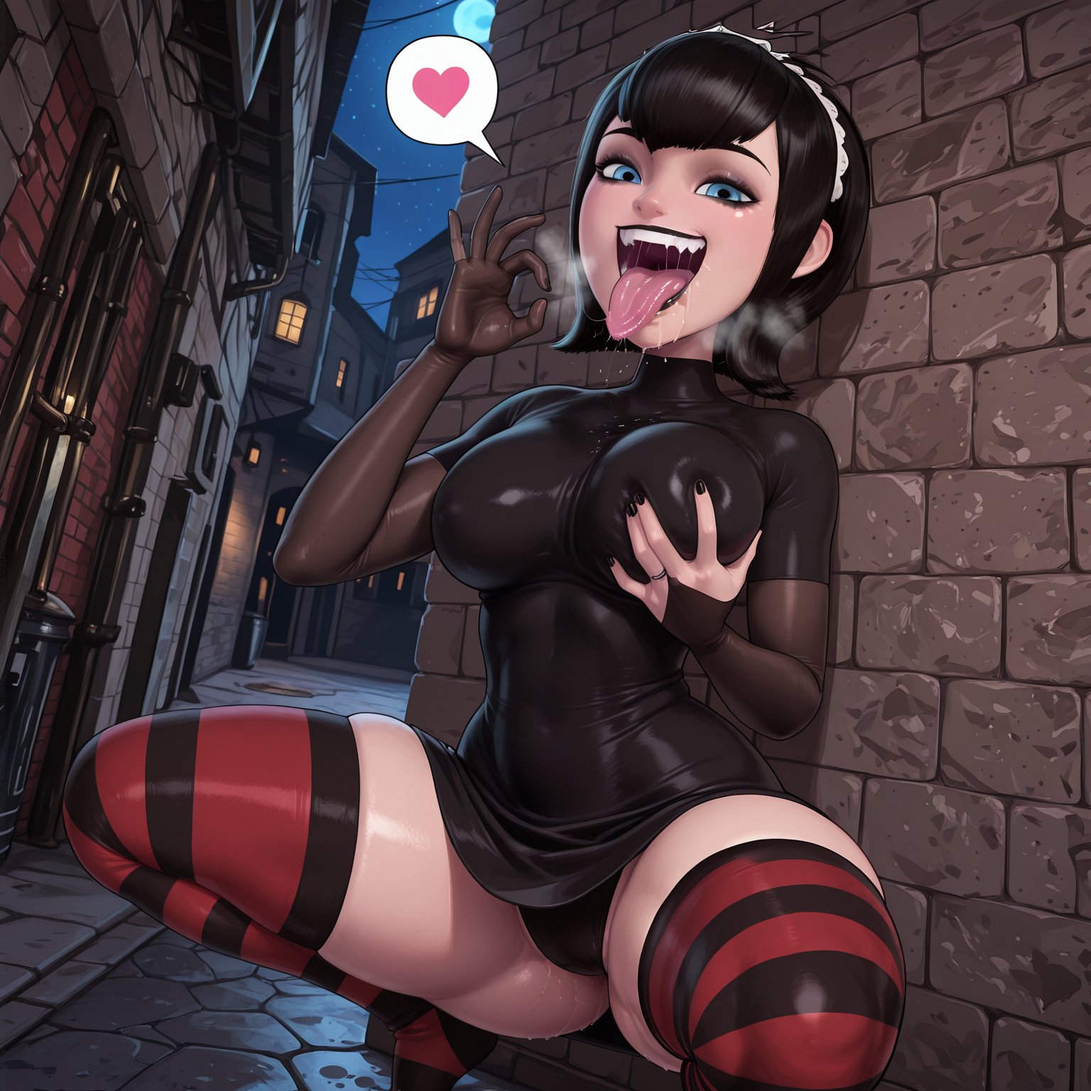 ai generated, big ass, big breasts, doomsout, fellatio gesture, mavis dracula, oral invitation, saliva, spread legs, thick thighs, tight clothing, tongue out